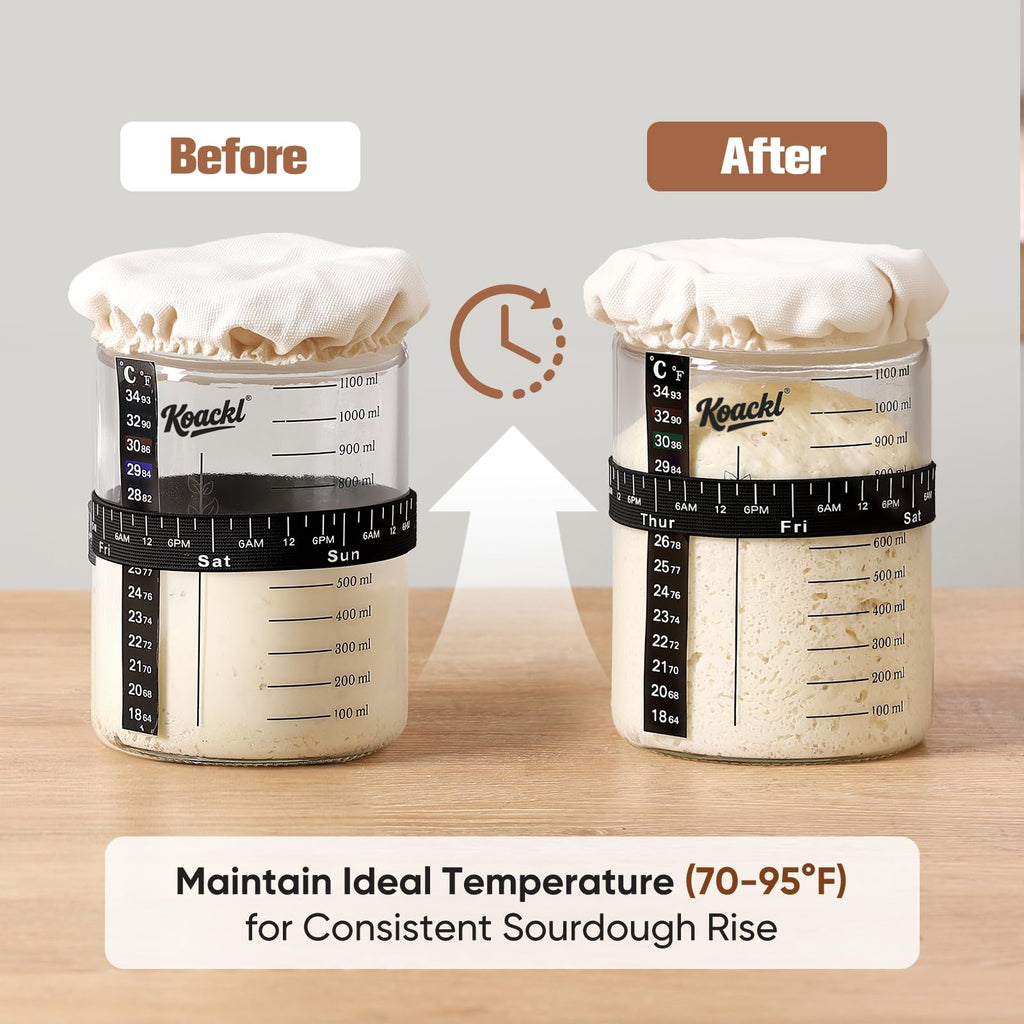 KOACKL Sourdough Starter Jar, 40oz/1200ml Sourdough Starter Kit with Magnetic Bread Lame, Thermometer, Long Scraper, Cloth Cover & Lid for Sourdough Bread Baking Supplies
