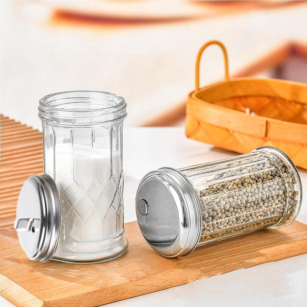 Suweiyuanshiyi 2 Pack 12OZ Glass Sugar Dispenser/Shaker/Pourer with Stainless Steel Pour-Flap Lid for Coffee Bar Vintage Glass Jar for Sugar Cinnamon SpicesRetro Style