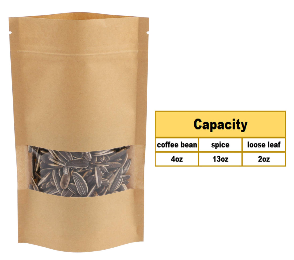 Kraft Zip Lock Stand Up Food Bags, Katfort 100pcs Kraft Bags Pouches with Window & Tear Notch, 7.8''×4.6'' Food Saver Food Storage Bags Paper Party Gift Favor Wrap for Candy, Coffee Beans Nuts