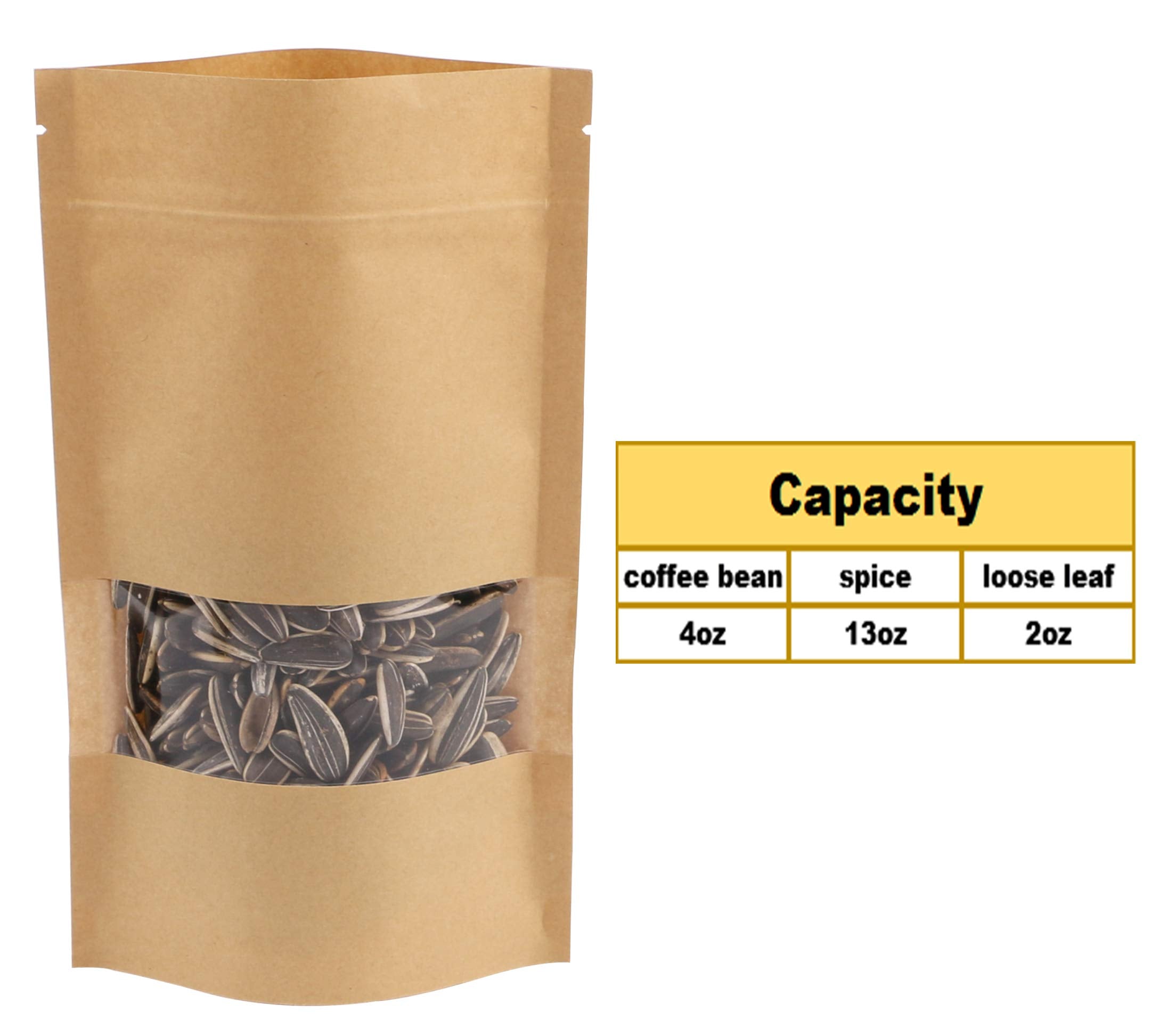 Kraft Zip Lock Stand Up Food Bags, Katfort 100pcs Kraft Bags Pouches with Window & Tear Notch, 7.8''×4.6'' Food Saver Food Storage Bags Paper Party Gift Favor Wrap for Candy, Coffee Beans Nuts