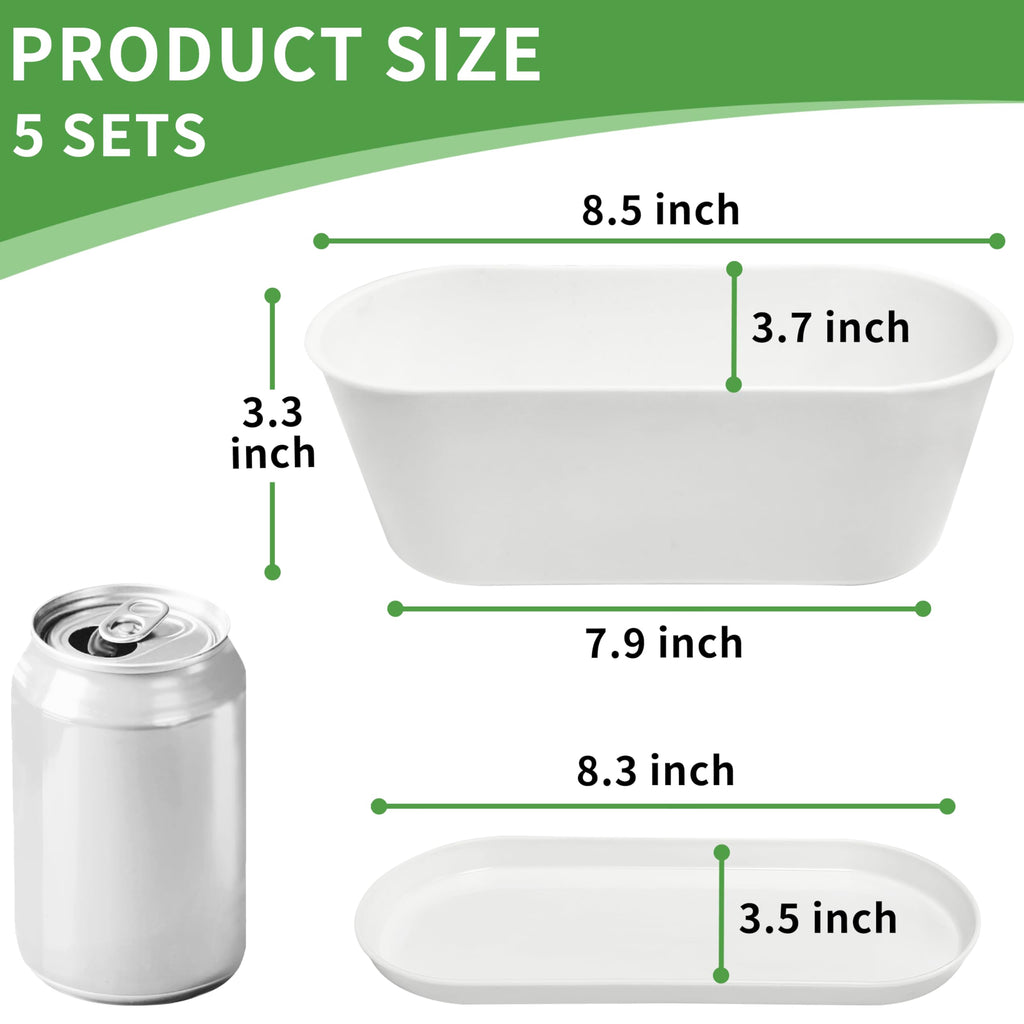 5 Set 8.5x3.5 Inch Plant pots, Rounded Rectangle planters with Multiple Drainage Holes and Trays, Window Box Planter for Indoor Windowsill, Balcony etc.