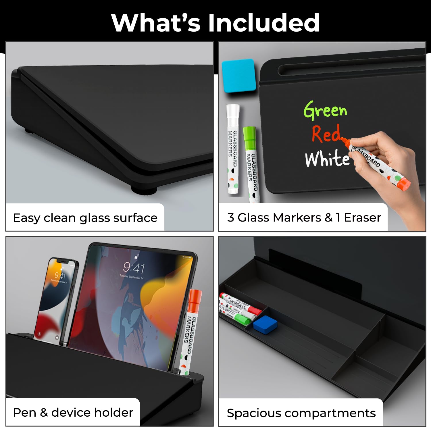 Chalkola Black Glass Desktop Whiteboard with Storage - Dry Erase Board, Work Desk Organizers, Computer Keyboard Stand, Home Office Desk Accessories, Workspace Desktop Buddy + 3 Markers