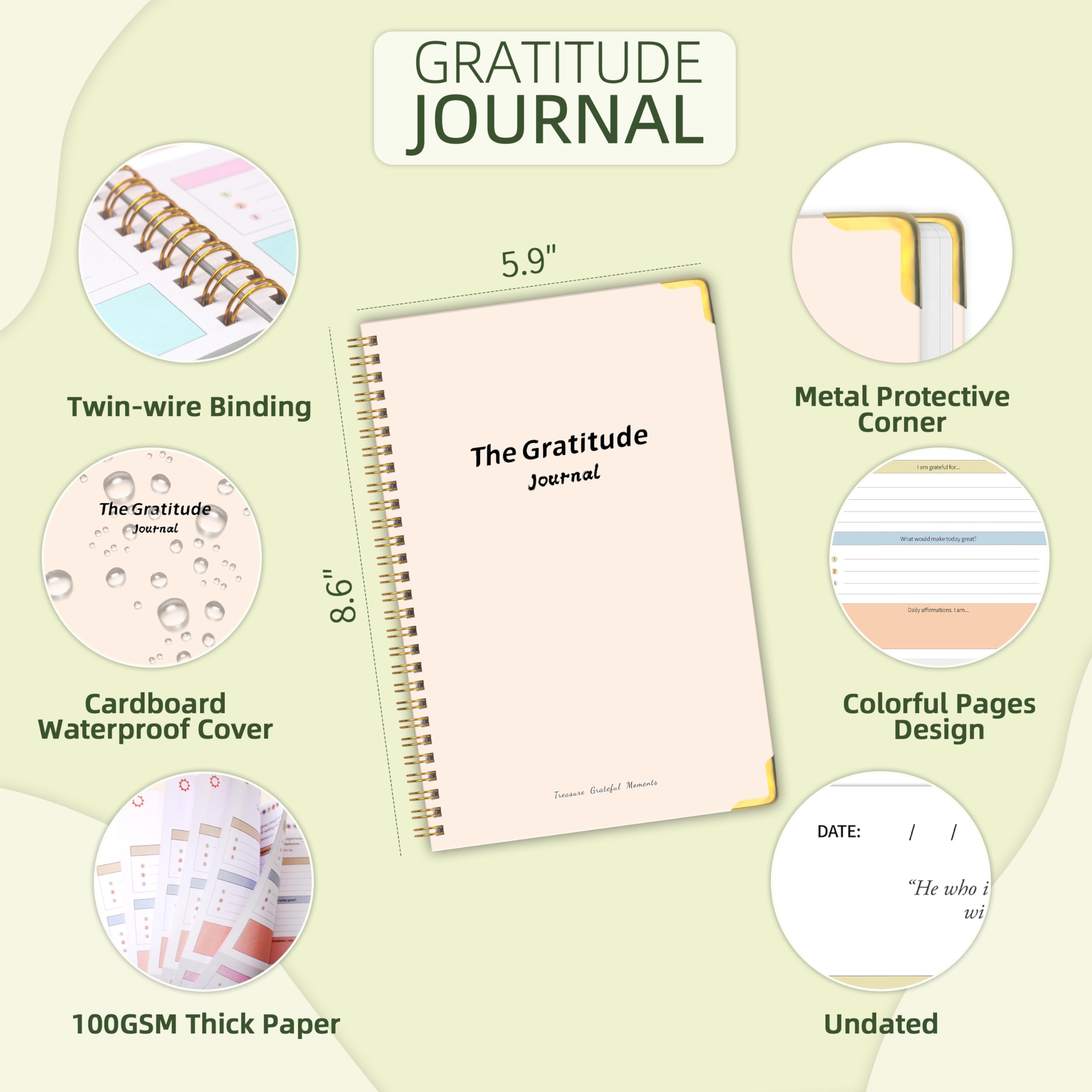 The Gratitude Journal for Women & Men, 5 Minutes Daily Gratitude Journal, Guided Prompts & Quotes For More Positive Vibes, Mindfulness, Happiness, Affirmations and Self-Reflection - Pink