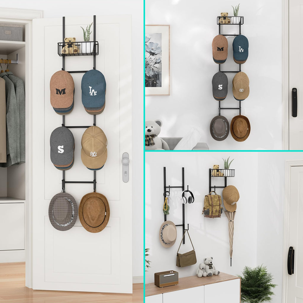 HapiRm Hat Racks for Baseball Caps - Over Door Hat Rack Organizer, Wall Mounted Hats Holder with 6 Hat Hooks and Metal Basket Design, Hanging Hats Storage Up to 32 Caps for Door, Bedroom, Closet