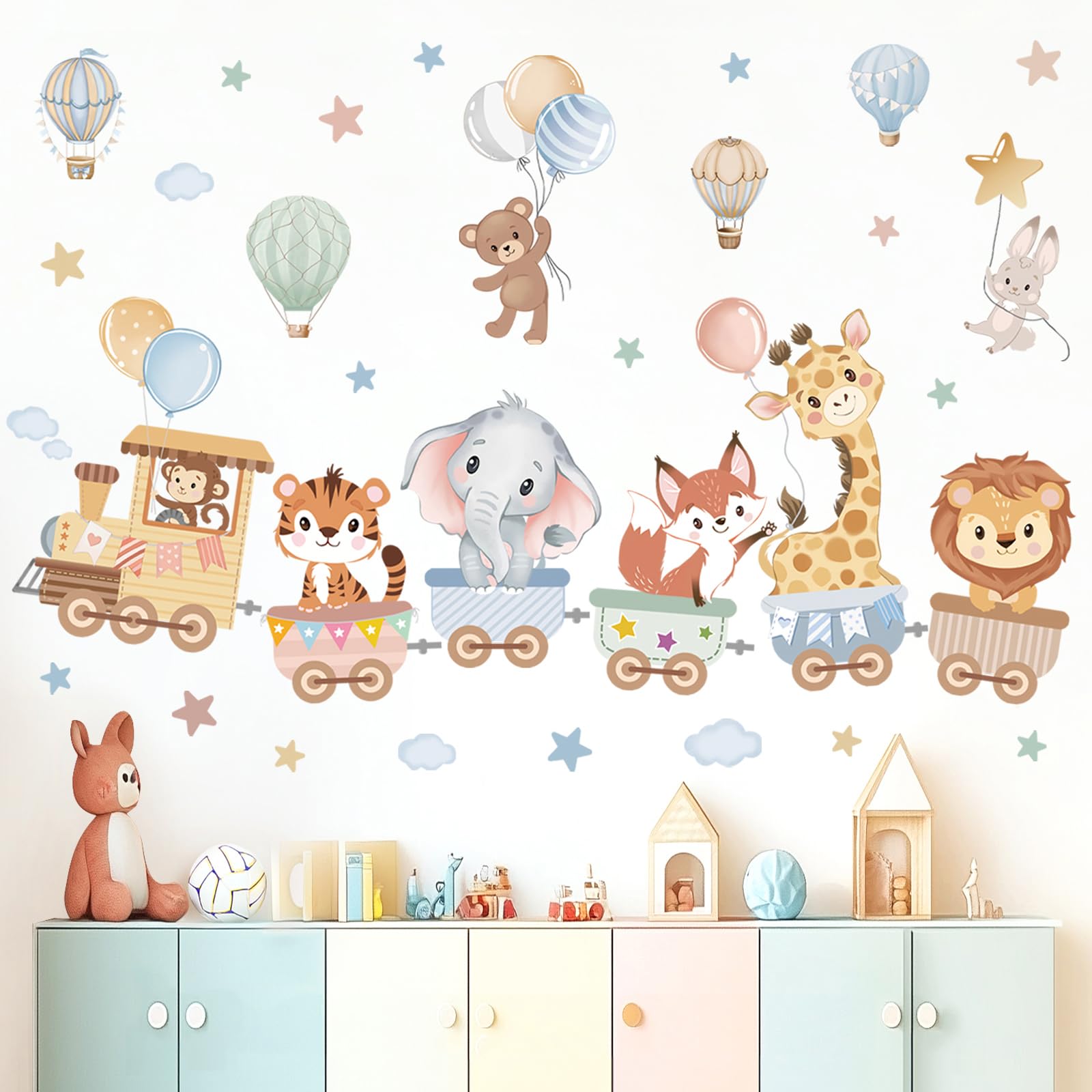 wondever Jungle Animals Train Nursery Wall Decal Hot Air Balloon Animals Elephant Giraffe Peel and Stick Wall Stickers Decor for Kids Room Baby Toddler Room