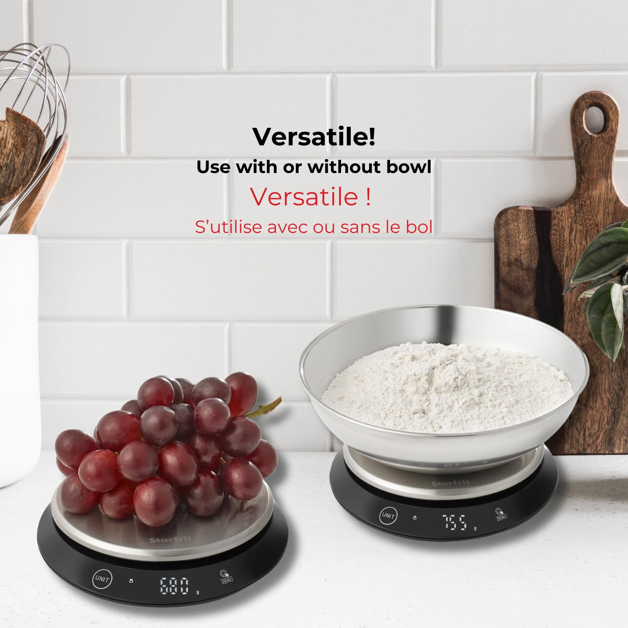 Starfrit Digital Baking Kitchen Scale - Stainless Steel Removable Bowl - 11 lb / 5 kg Capacity - Black