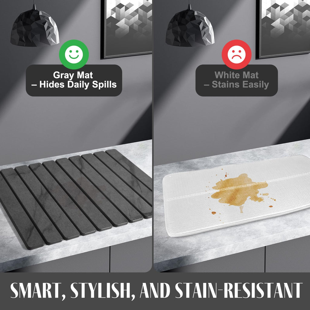 2 PCS Large Stone Dish Drying Mats for Kitchen Counter, 61"(L)×41"(W) Marble Pattern Dish Drying Mat with 20"x 10" Coasters, Collapsible Quick-Dry Diatomite Drying Mat for Dishes, Bottles & Cups