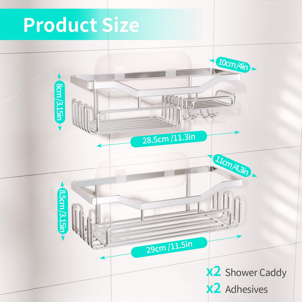 HapiRm Shower Caddy - Bathroom Organizers Adhesive Bathroom Shelf with Soap Holder Design and 11 Hooks, Rustproof & Waterproof Shower Shelves Made of SUS 304 Stainless Steel, Silver
