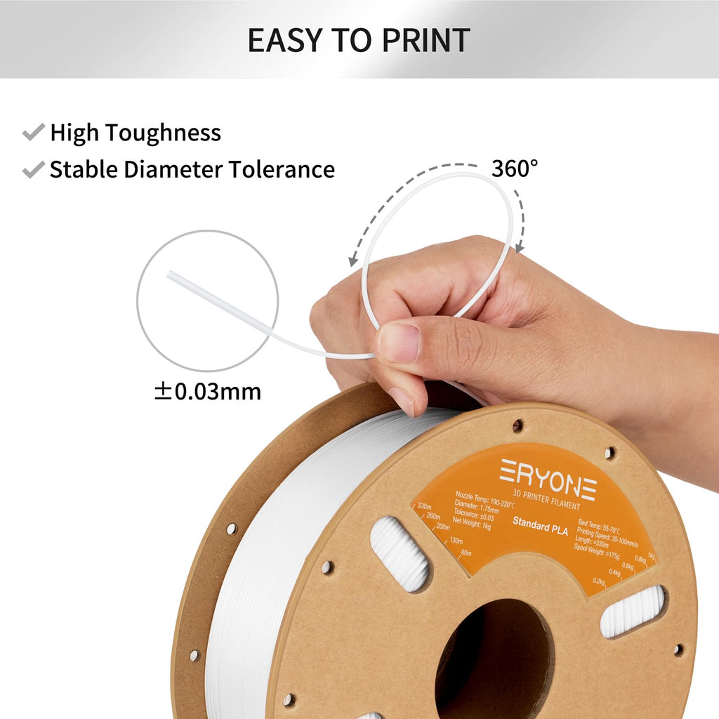 ERYONE PLA Filament 3D Printer PLA Filament 1.75mm +/- 0.03mm, PLA Filament 1KG Cardboard Spool(2.2LBS), White