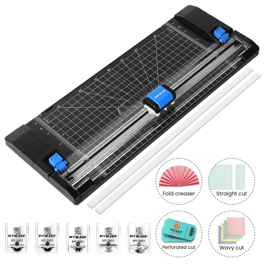 Paper Cutter, 12 Inch Rotary Trimmer, 5 Blades 4 Functions, Up to 6 Sheets Cut, with 2 Reversible Cutting Mats, Black Patent for Cardstock Scrapbooking