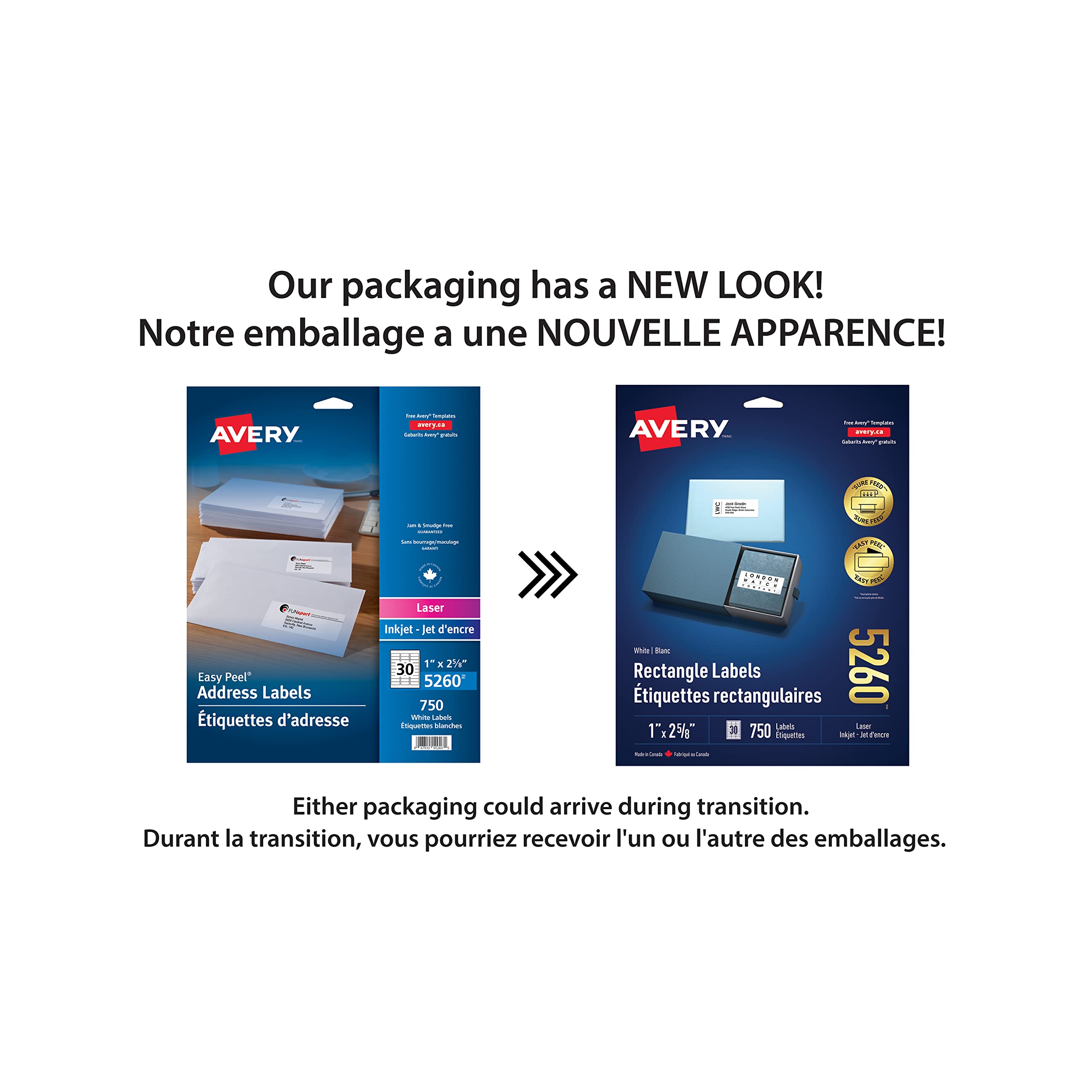 Avery White Rectangle Labels with Easy Peel for Inkjet/Laser Printers, 1" x 2-5/8", White, Rectangle, 750 Labels, Permanent (5260) Made in Canada