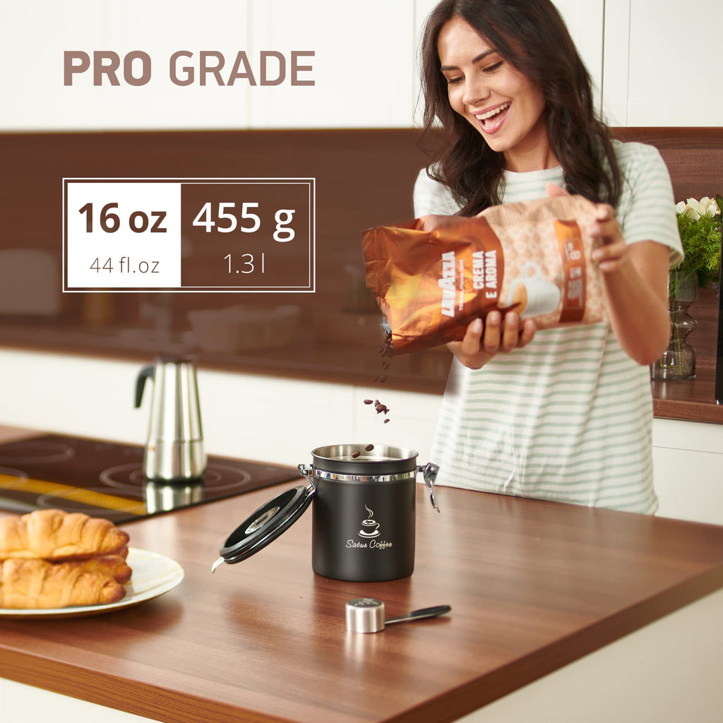 Coffee Canister Airtight Coffee Container - Stainless Steel Coffee Storage for Beans, Grounds, Tea, Sugar - Coffee Containers with Date Tracker, Scoop, CO2 Valve Filters, Medium Coffee Jar 16oz, Black