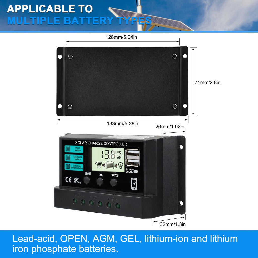 2 Packs 30A Solar Battery Charge Controller 12V 24V PWM Charger Auto Intelligent Regulator with Dual USB Ports/LCD Display/Adjustable Parameter/Timer Setting/Multiple Load Modes and Protections Black