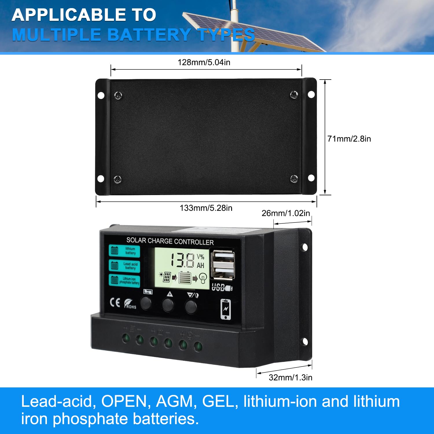 2 Packs 30A Solar Battery Charge Controller 12V 24V PWM Charger Auto Intelligent Regulator with Dual USB Ports/LCD Display/Adjustable Parameter/Timer Setting/Multiple Load Modes and Protections Black