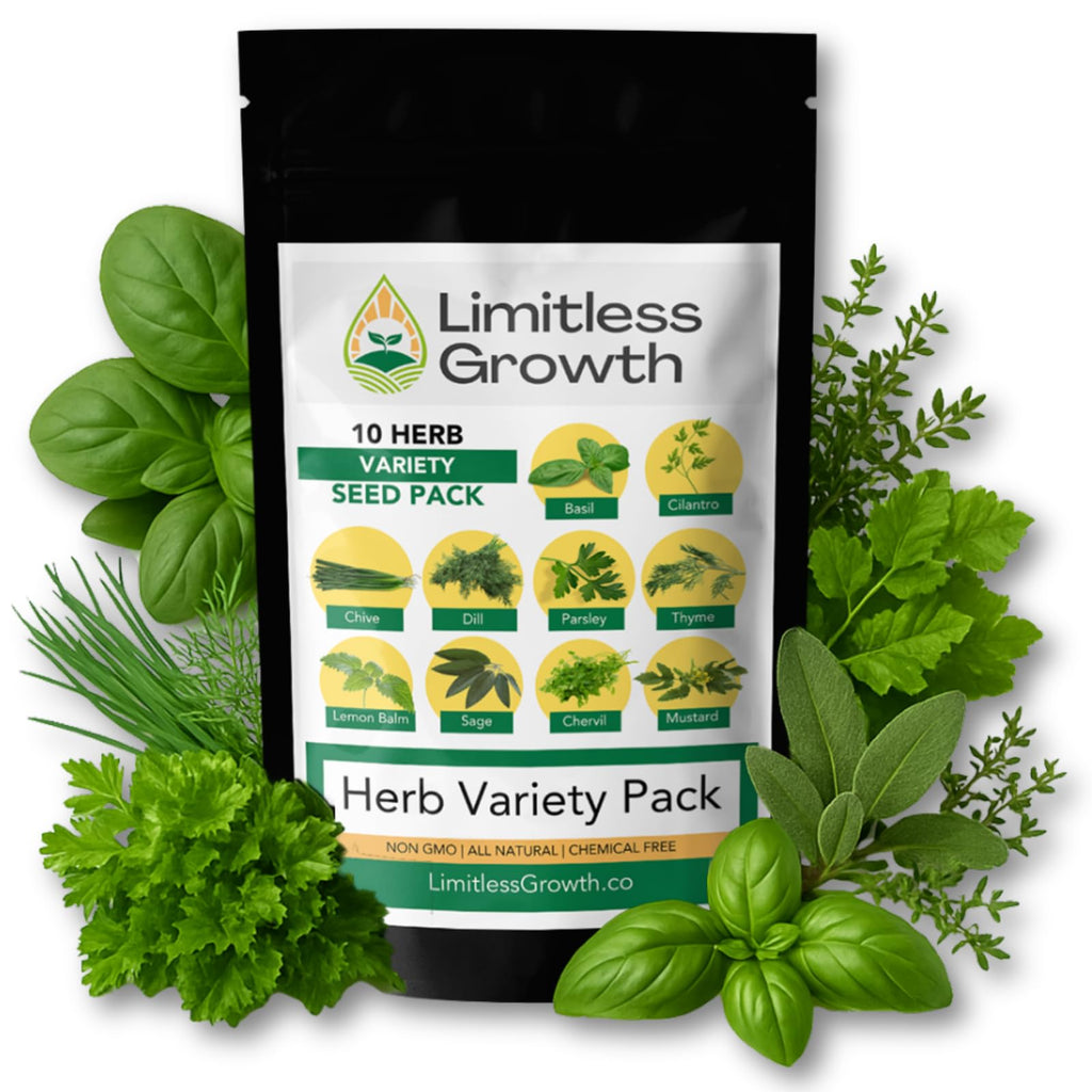 10 Herb Pack | Seeds for Planting: Culinary Herbs Collection | Indoor & Outdoor Garden Variety | Chervil, Chive, Cilantro, Lemon Balm, Mustard, Sage, Thyme, Basil, Parsley, Dill | Limitless Growth
