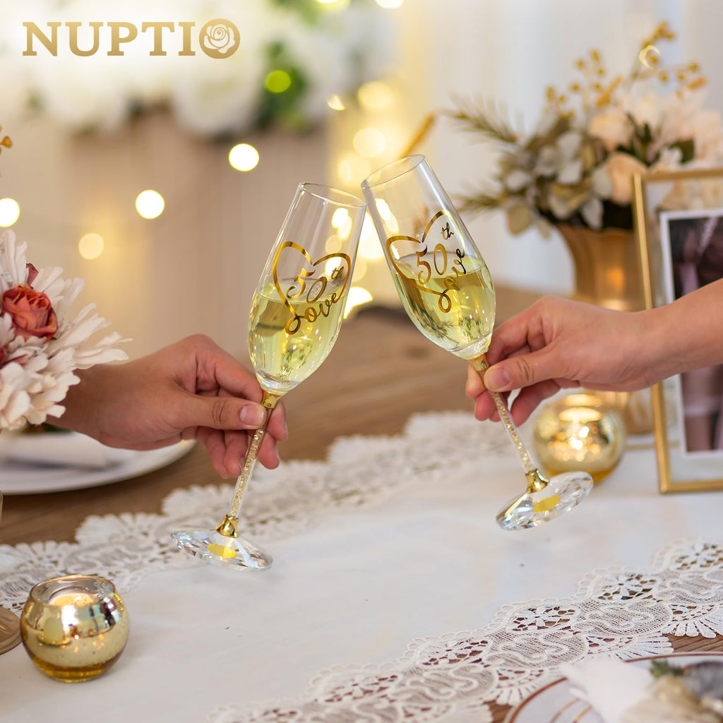 NUPTIO 50th Anniversary Champagne Flutes: Set of 2 Gold Crystal Toasting Glasses with Wooden Gift Box Engraved Wine Glass for Birthday Party Table Decoration Ideal Gifts for Couple Parents His and Her