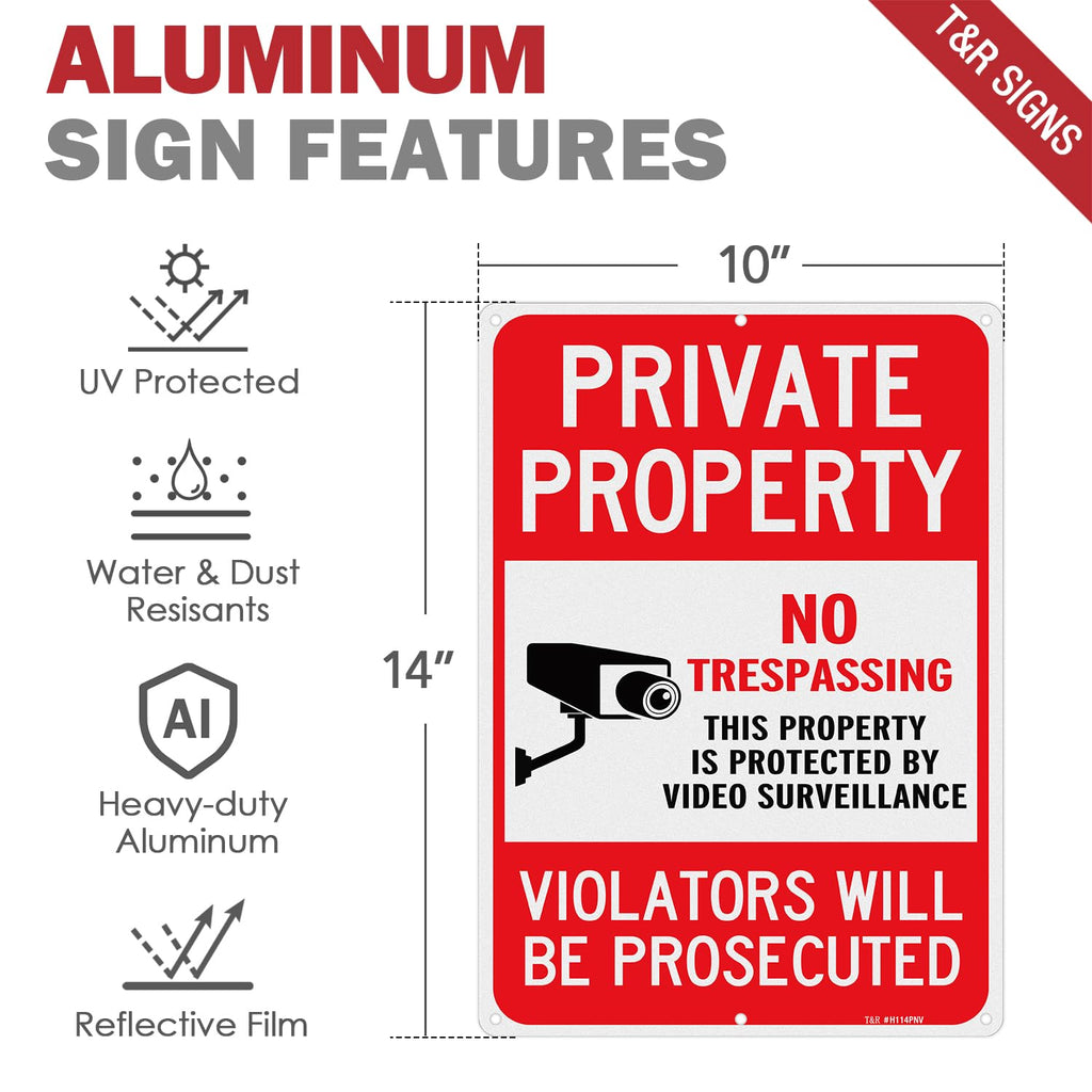T&R Large No Trespassing Sign Private Property Violators Will Be Prosecuted, Video Surveillance Sign - 2 Pack - 14 x 10 Inches Rust Free .040 Aluminum Reflective, Weather Resistant, Waterproof, Fade