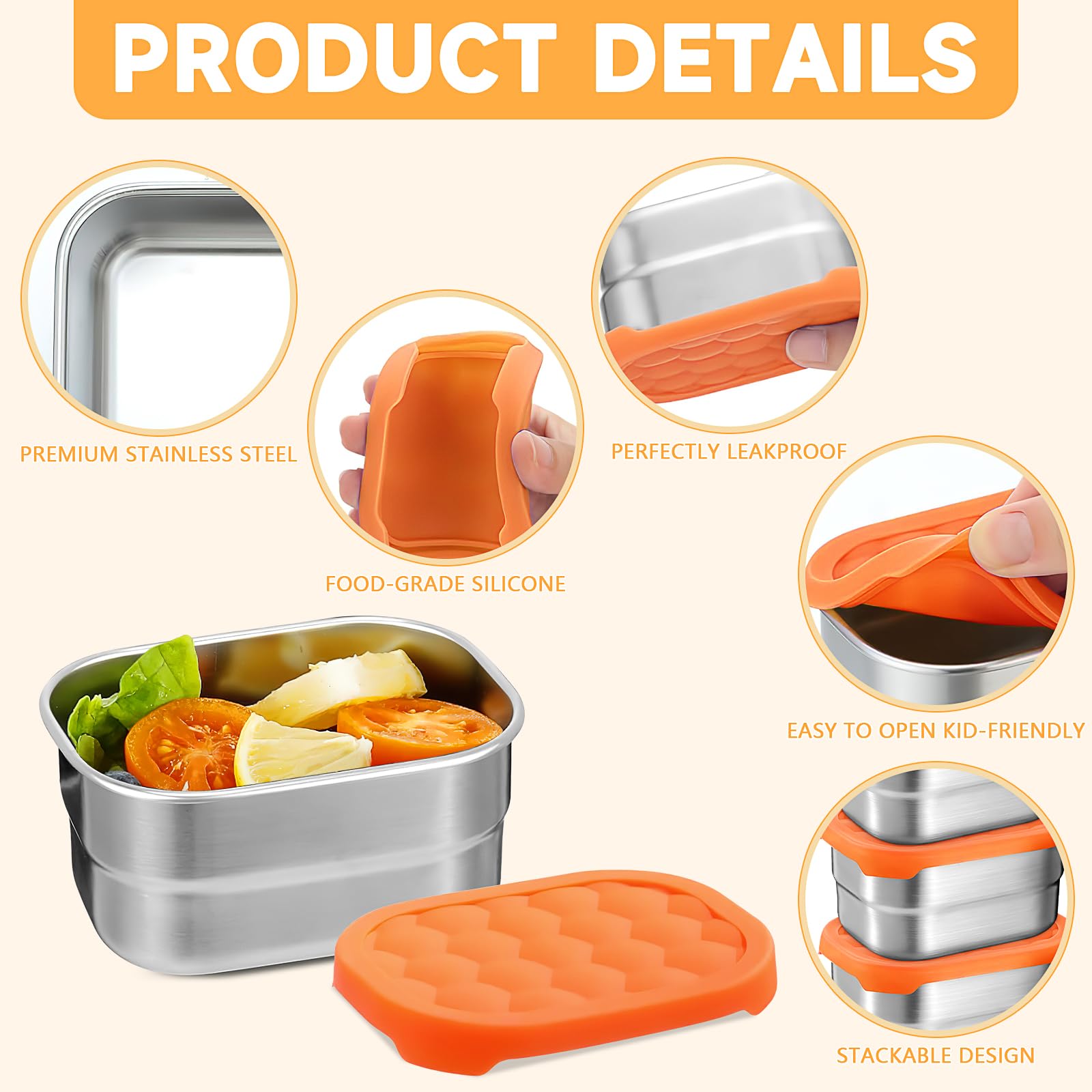 6 Pack Food Container Set, 8 Oz Small Stainless Steel Lunch Container with Orange Silicone Lid, Leak Proof Food Storage Containers Metal Lunch Box for Adults, Snack, Sandwich