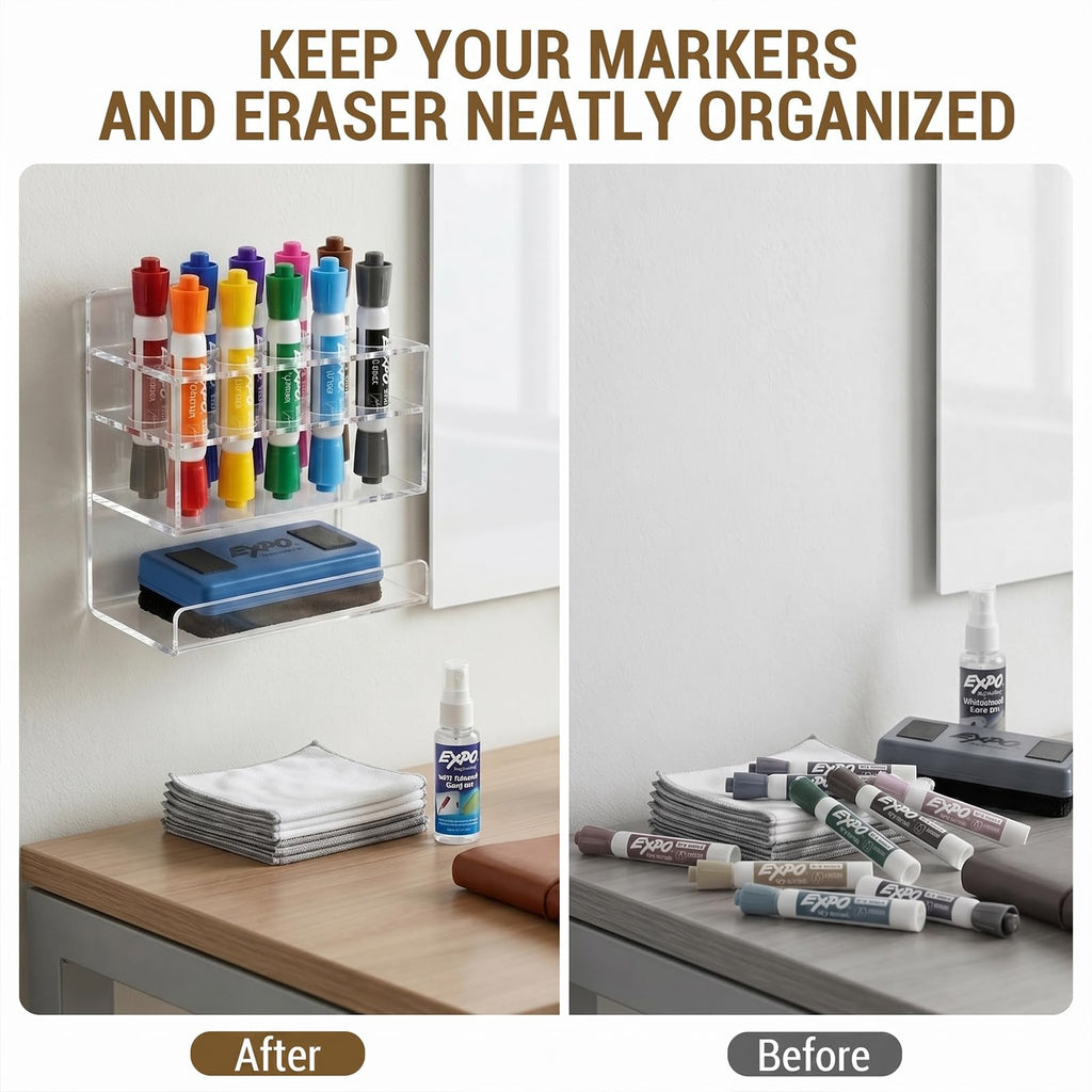 MyGift Wall-Mounted 2-Tier Clear Acrylic 10-Slot Dry Erase Whiteboard Marker and Eraser Holder Stand
