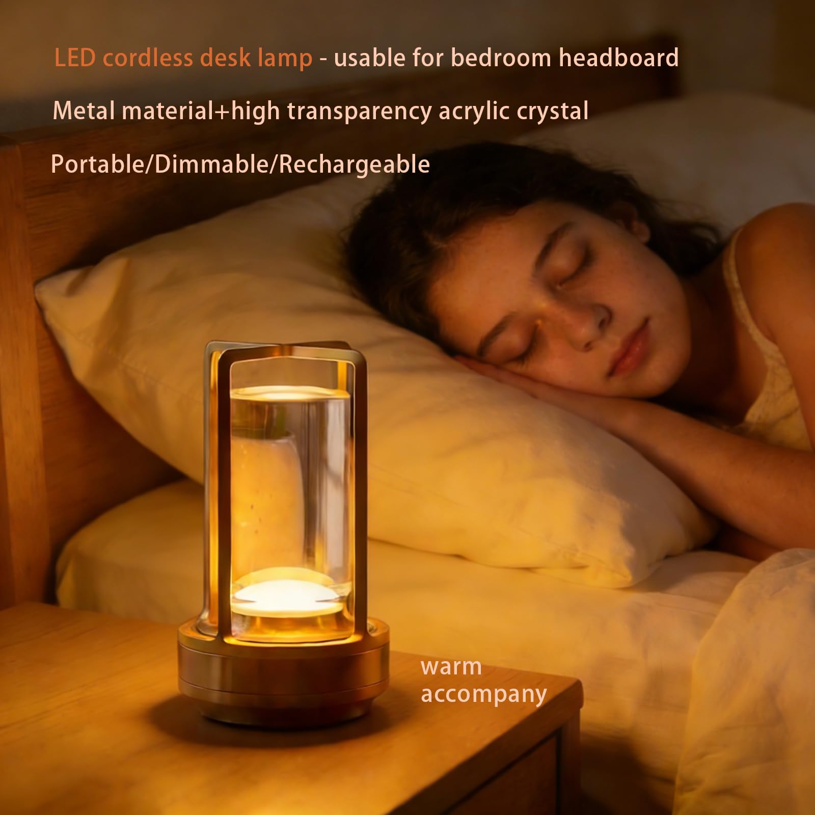 Cordless Table Lamp Rechargeable Portable Metal Touch Small Desk Lamp,Indoor/Outdoor Battery Operated LED Night Light,3Color Stepless Dimming Crystal Lantern Suitable bedrooms,Bars,cafes,Camping,Gold