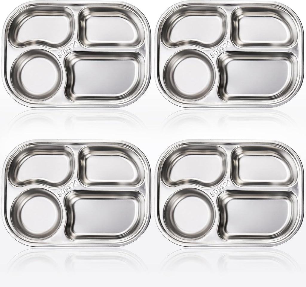 DEAYOU 4 Pack 18/10 Stainless Steel Divided Plate, Small Child Plate with 4-Compartment, Portion Control Serving Platter, Mess Food Sectioned Tray for Dinner, Lunch, Cafeteria, Kids, Adult