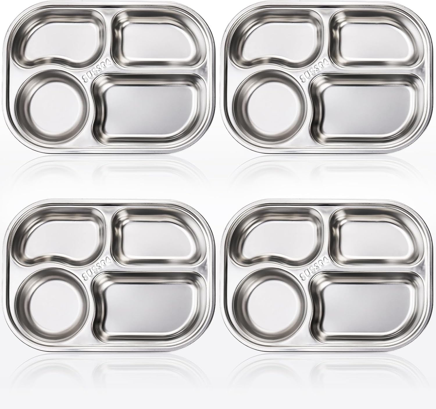 DEAYOU 4 Pack 18/10 Stainless Steel Divided Plate, Small Child Plate with 4-Compartment, Portion Control Serving Platter, Mess Food Sectioned Tray for Dinner, Lunch, Cafeteria, Kids, Adult