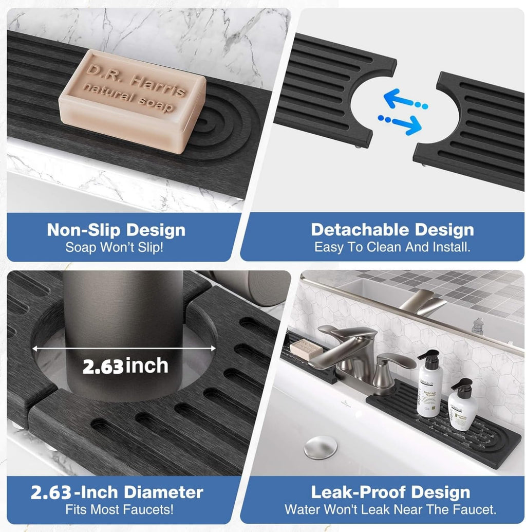 Oillase Faucet Mat for Kitchen Sink - Water Absorbing Stone Tray for Sink, Diatomite Fast-Drying Faucet Mat, Faucet Splash Guard for Bathroom Counter (Dark Gray, 30" x 4")