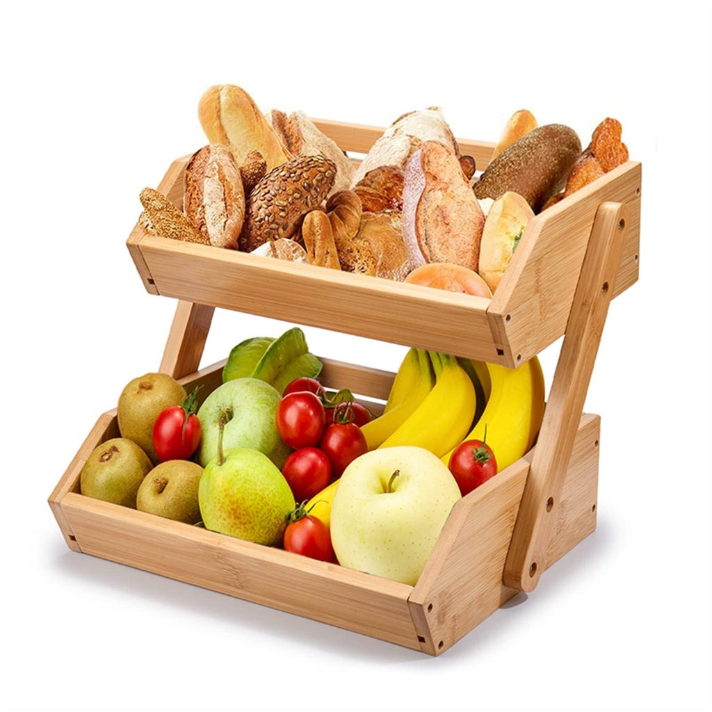 Bamboo Fruit Basket, 2-Tier Storage Stand Holder for Kitchen Countertop, Large Capacity Organizer for Fruits and Vegetables, Natural