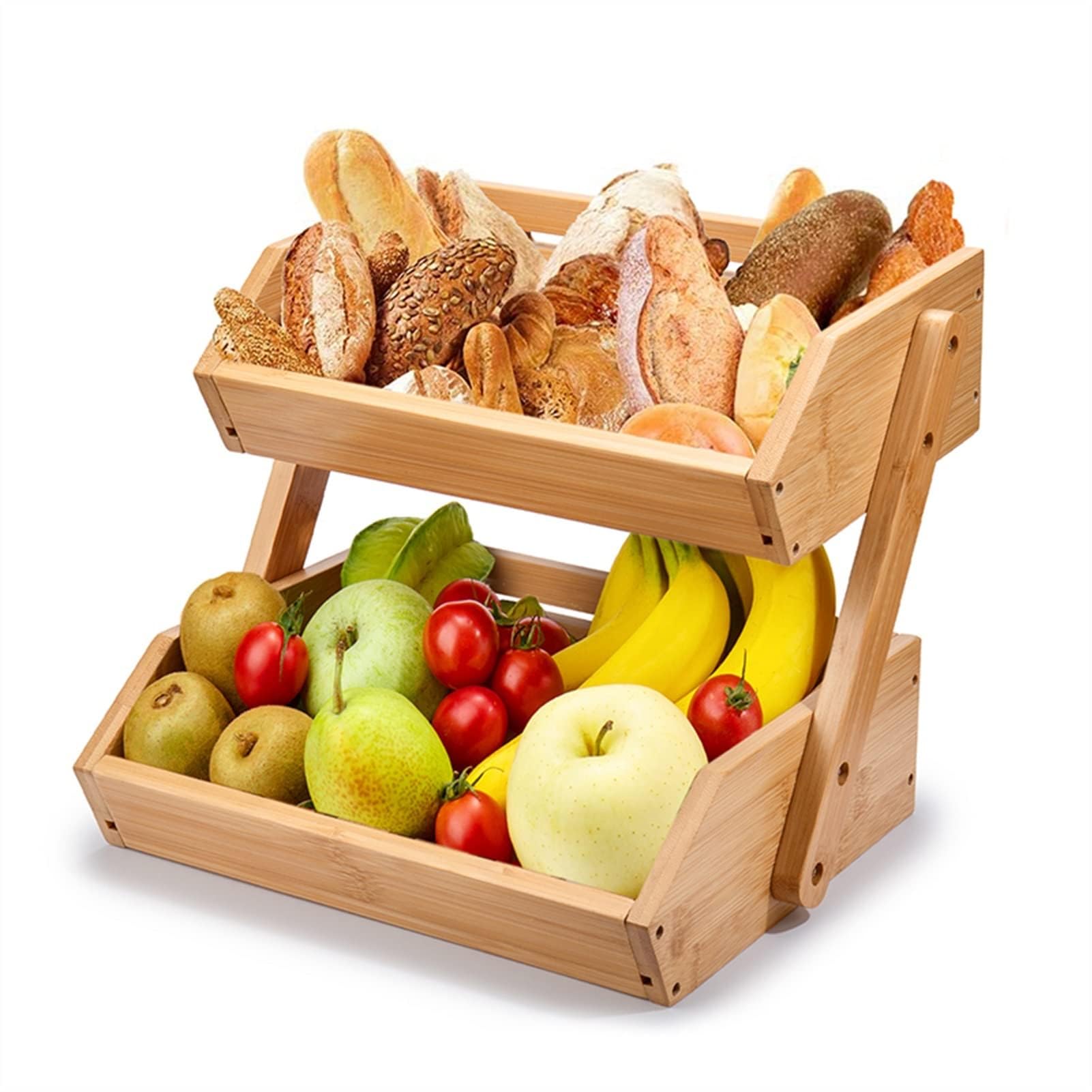 Bamboo Fruit Basket, 2-Tier Storage Stand Holder for Kitchen Countertop, Large Capacity Organizer for Fruits and Vegetables, Natural