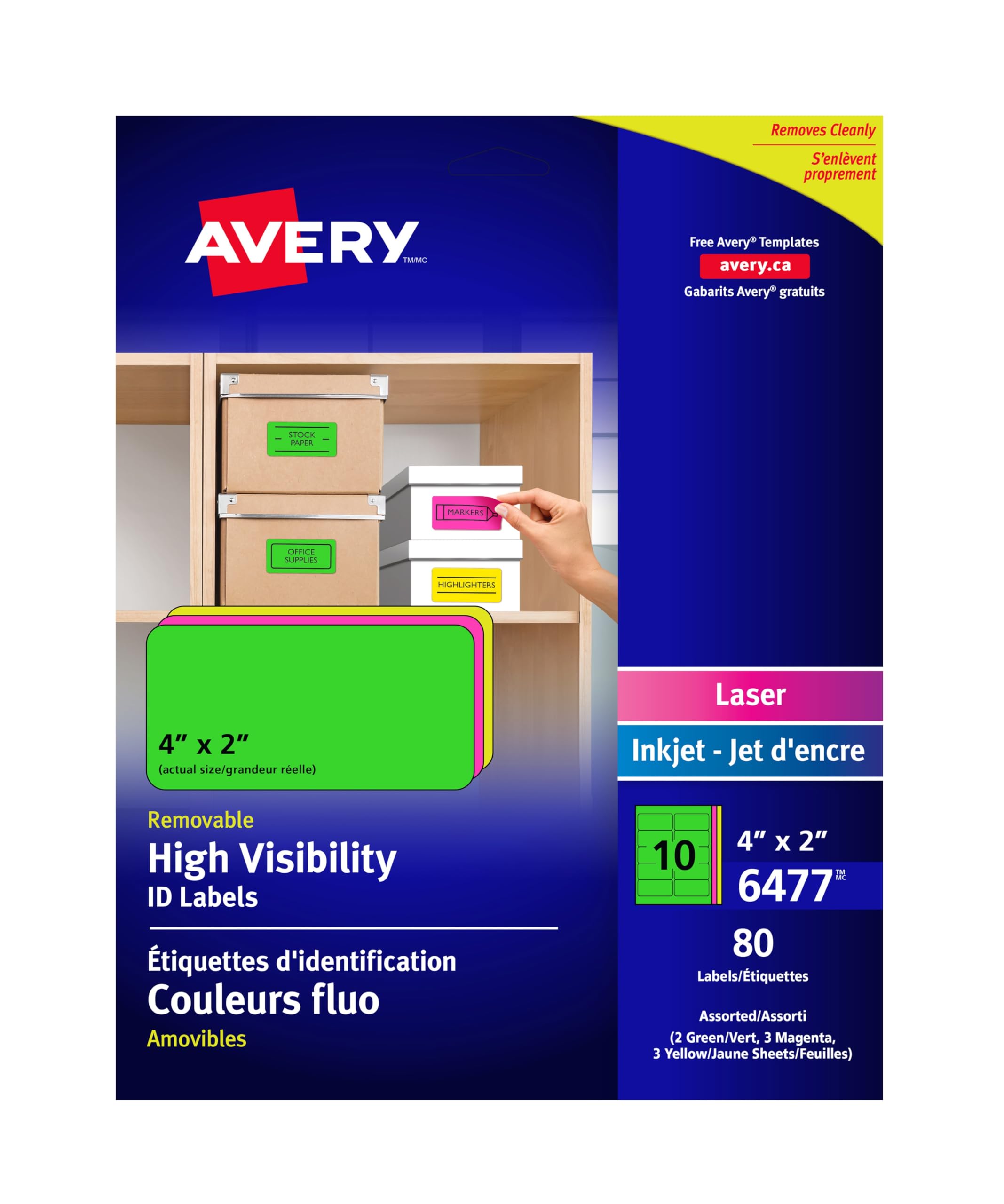 AVERY Removable Neon Labels, 2" x 4", Assorted Neon, Rectangle, 80 Labels, Removable (06477)
