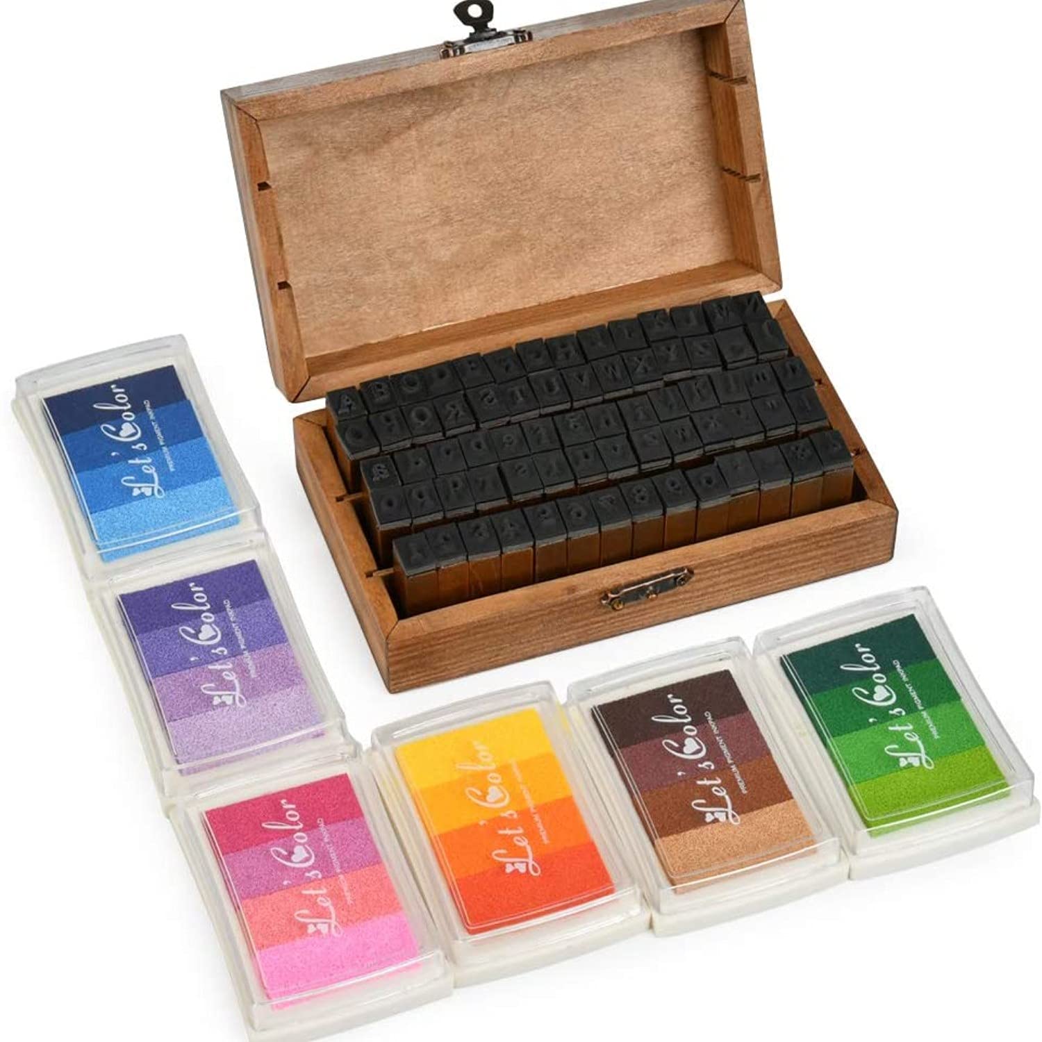 70PCS Alphabet Stamp Set Vintage Wooden Rubber Letter Number and Symbol Stamp Set with 6 Colorful Ink Pad, with Small Wooden Box, for DIY Craft Scrapbooking Planner Card Stamps Gift