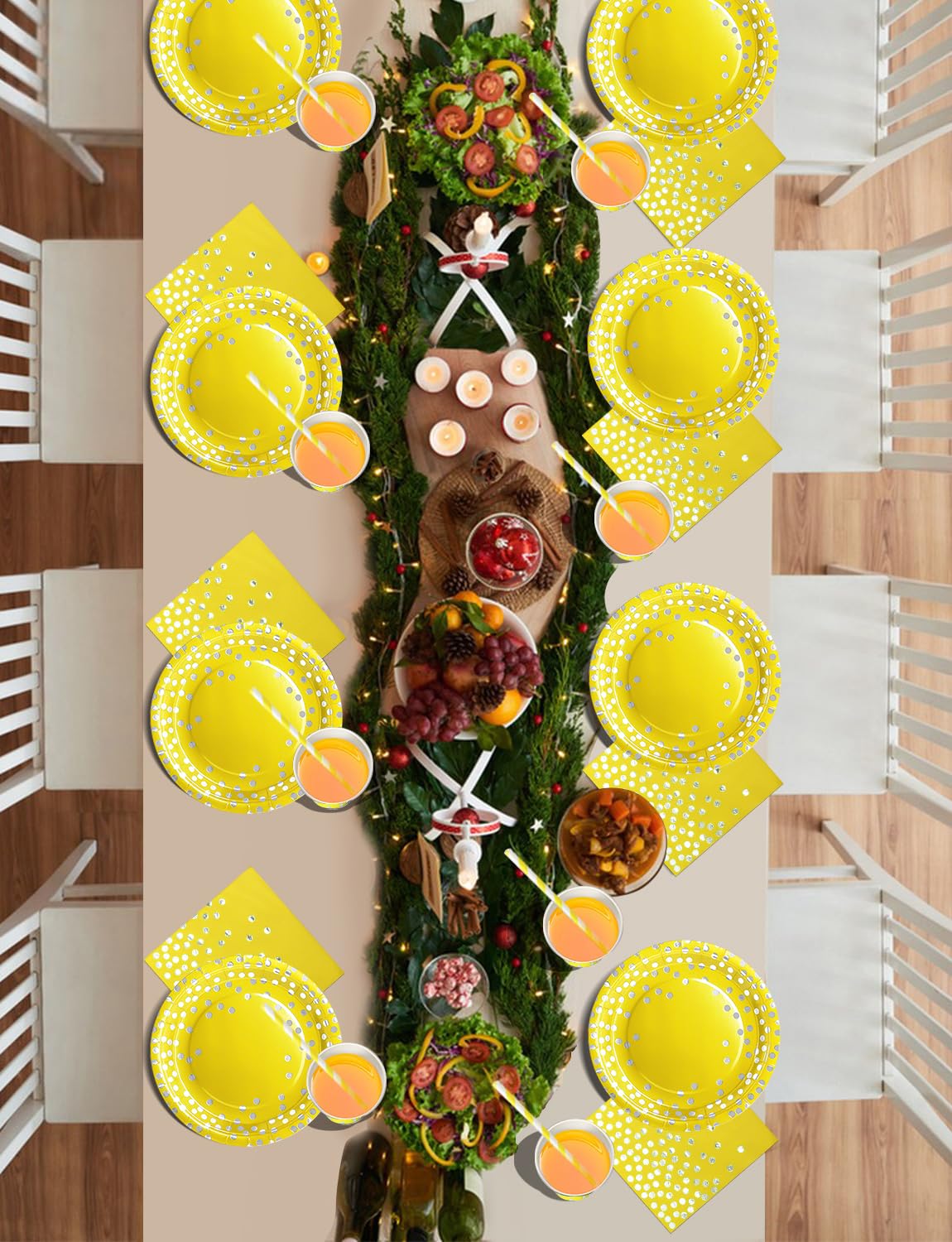 Nkaiso Paper Plates Napkins Cups Set, 126 Piece Yellow and Silver Paper Tableware Set Includes Birthday Paper Plates Napkins Cups Straws for Wedding Shower Engagement Wedding Birthday-25 Guests