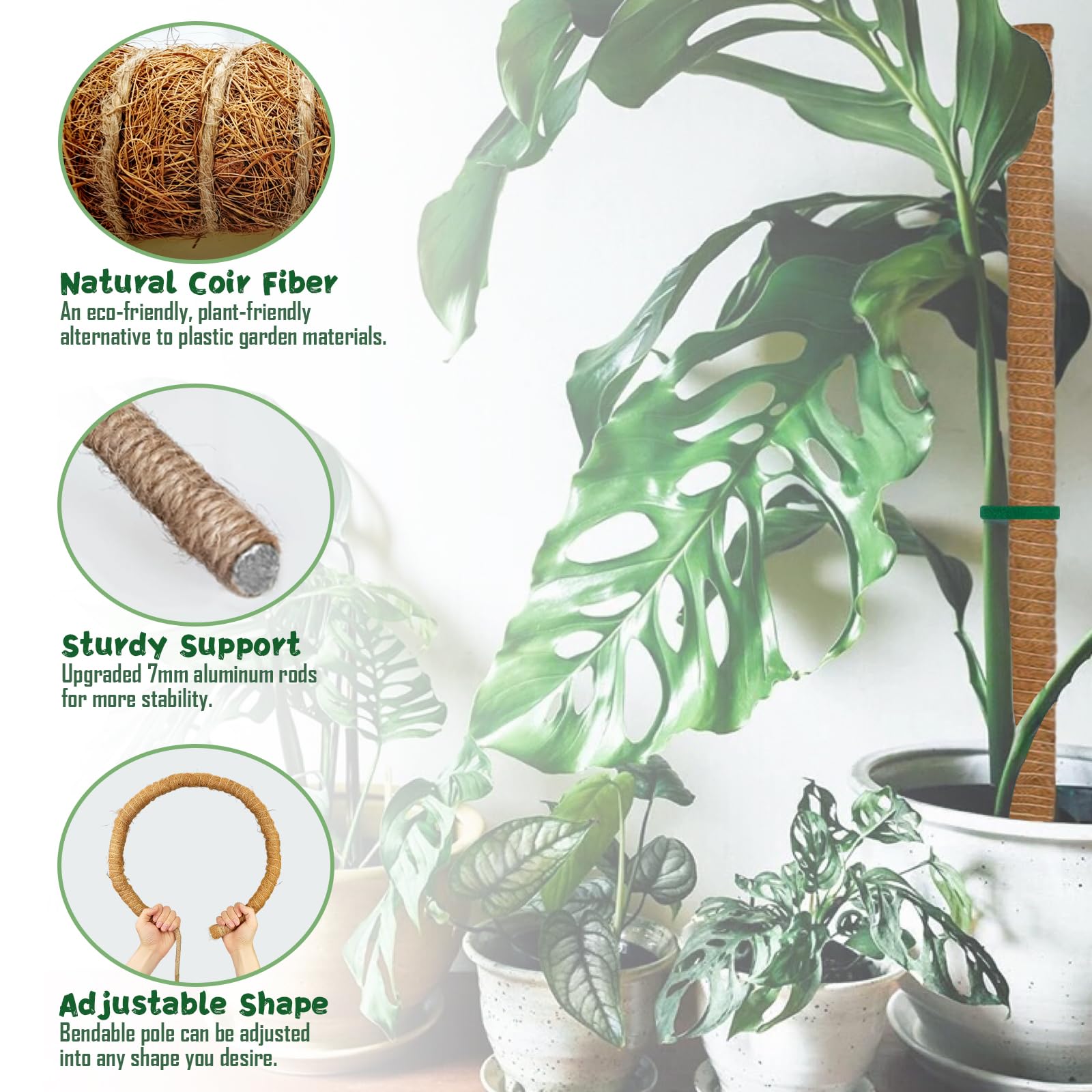 1 Pack 63 Inch Moss Pole for Climbing Plants, 3cm Diameter Coir Totem with 7mm Sturdy Aluminum Core, Bendable Plant Support for Monstera, Philodendron, Pothos, Indoor Garden Stake (160cm)