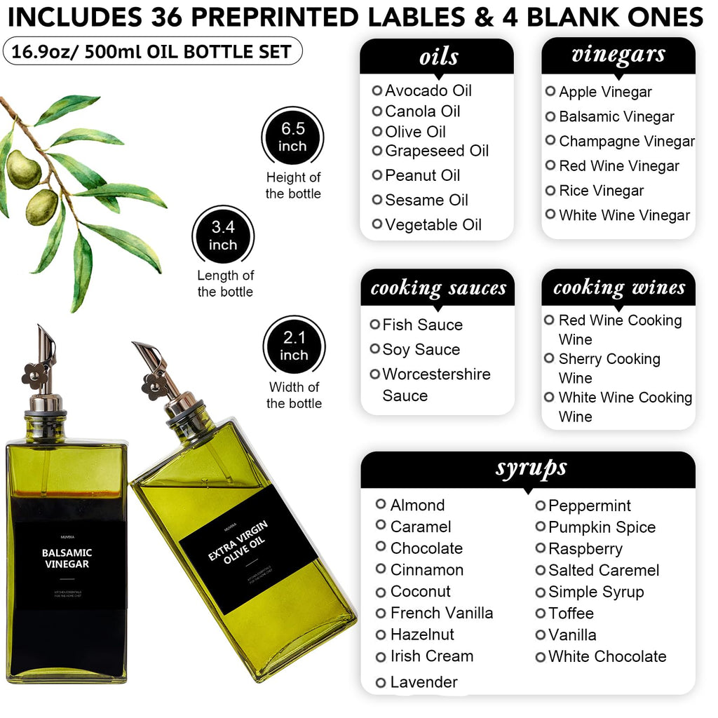 Olive Oil Dispenser Bottle for Kitchen, 16.9oz /500ml Cooking Vinegar Dispenser Bottle Set, Glass Sauce Container, Labels, Brush, Funnel, Stoppers, Green for Oil, Wine