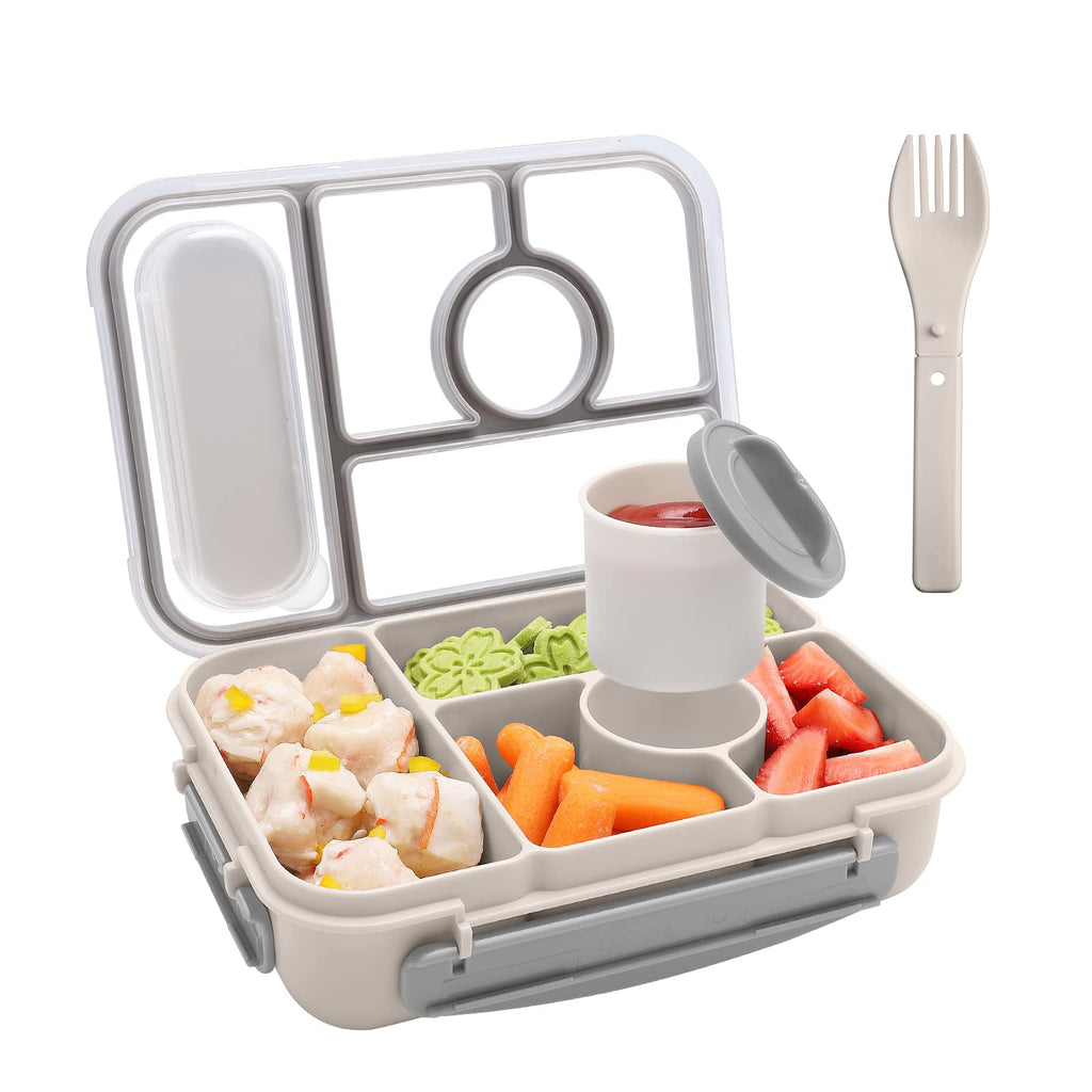 Amathley Bento Box Adult Lunch Box Kids,Lunch containers for Adults/Kids/Toddler,5 Compartments bento Lunch Box for Kids with Sauce Vontainers,Microwave & Dishwasher & Freezer Safe (Milky)