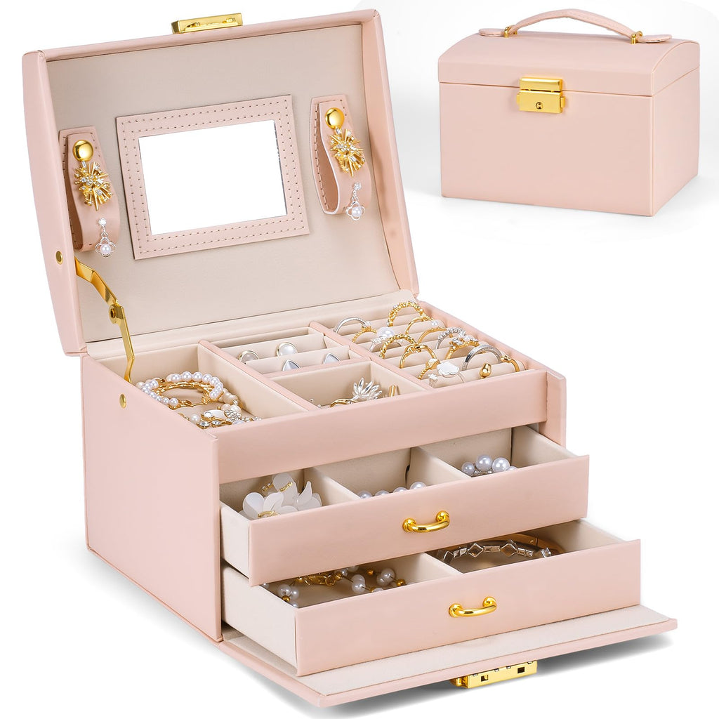 Lifcozy Jewelry Box for Girls Women, 3-Layer Jewelry Organizer with Mirror and Portable Handle, Small Jewellery Organizers for Young Women, Teenage Girl, 17.2 x 13.5 x 12.5 cm Pink