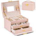 Lifcozy Jewelry Box for Girls Women, 3-Layer Jewelry Organizer with Mirror and Portable Handle, Small Jewellery Organizers for Young Women, Teenage Girl, 17.2 x 13.5 x 12.5 cm Pink