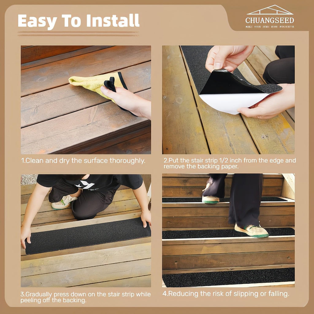 CHUANGSEED 12-Pack Non-Slip Stair Traction Tape 4''x30'' Black Anti Slip Tape 80 Grit Outdoor Treads Grip Tape- Waterproof Heavy Duty Anti Skid Strips for Steps,Deck,Staircase
