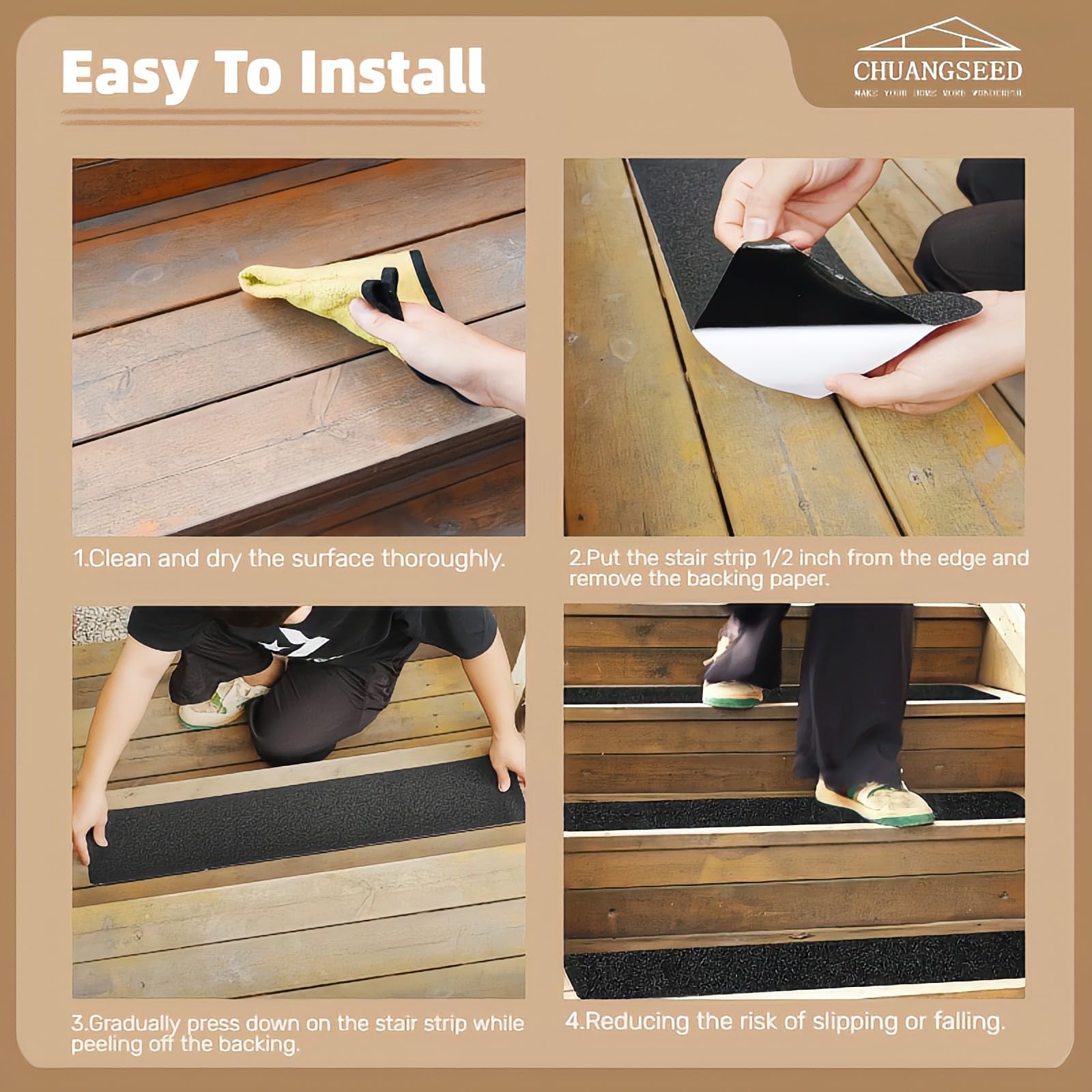 CHUANGSEED 12-Pack Non-Slip Stair Traction Tape 4''x30'' Black Anti Slip Tape 80 Grit Outdoor Treads Grip Tape- Waterproof Heavy Duty Anti Skid Strips for Steps,Deck,Staircase