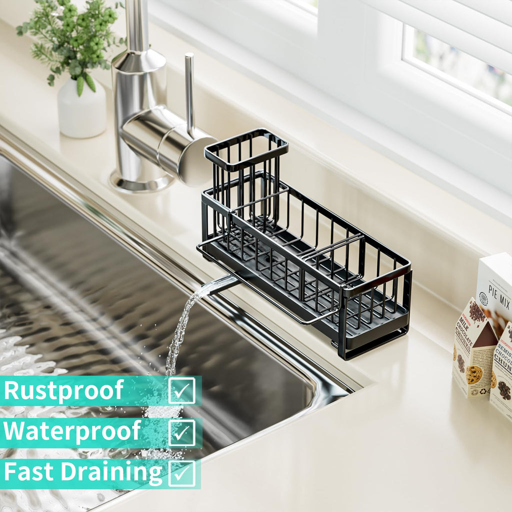 HapiRm Sponge Holder for Kitchen Sink - Self-draining Sink Caddy with Brush and Dishcloth Holders, Stainless Steel Kitchen Organizer for Countertop - Black