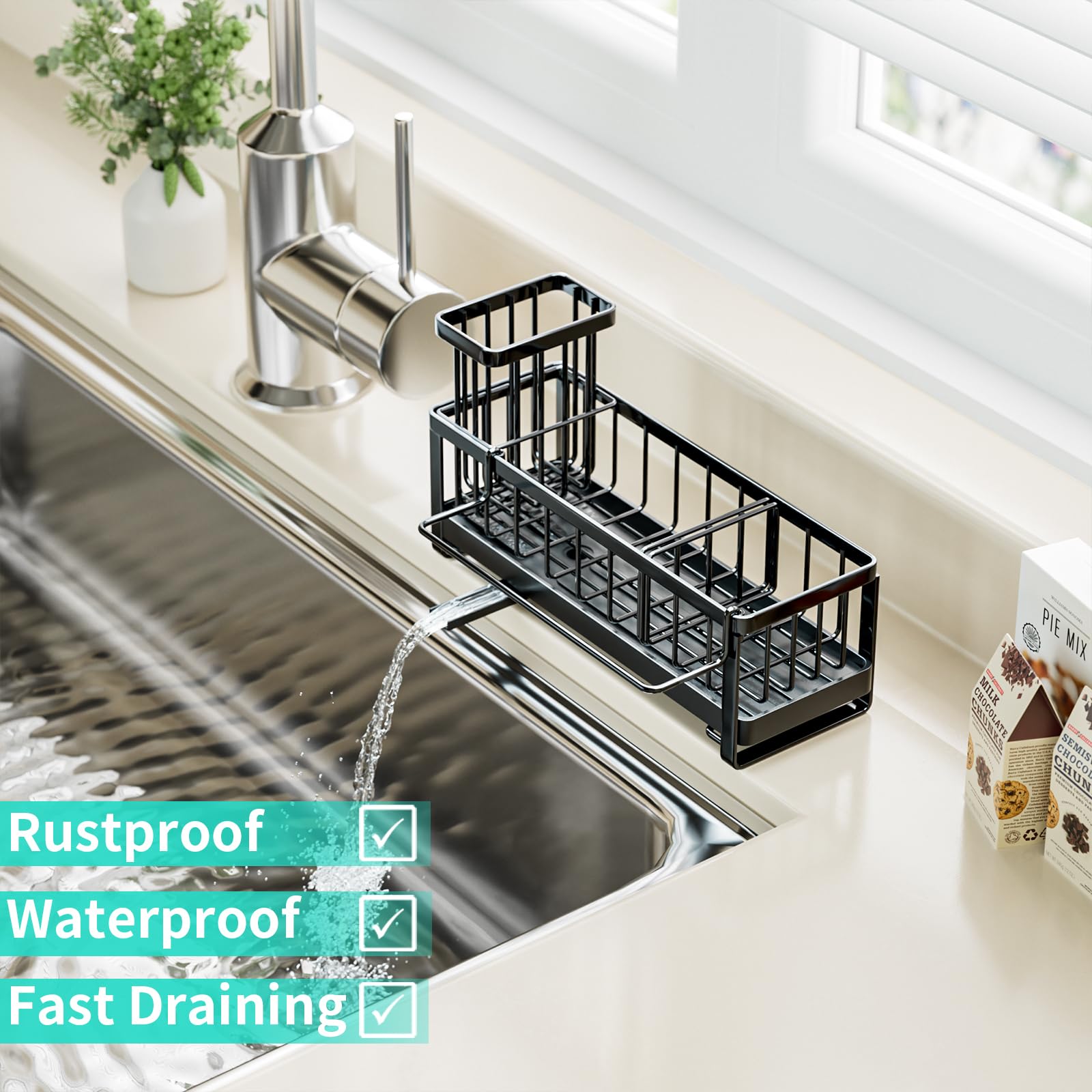HapiRm Sponge Holder for Kitchen Sink - Self-draining Sink Caddy with Brush and Dishcloth Holders, Stainless Steel Kitchen Organizer for Countertop - Black