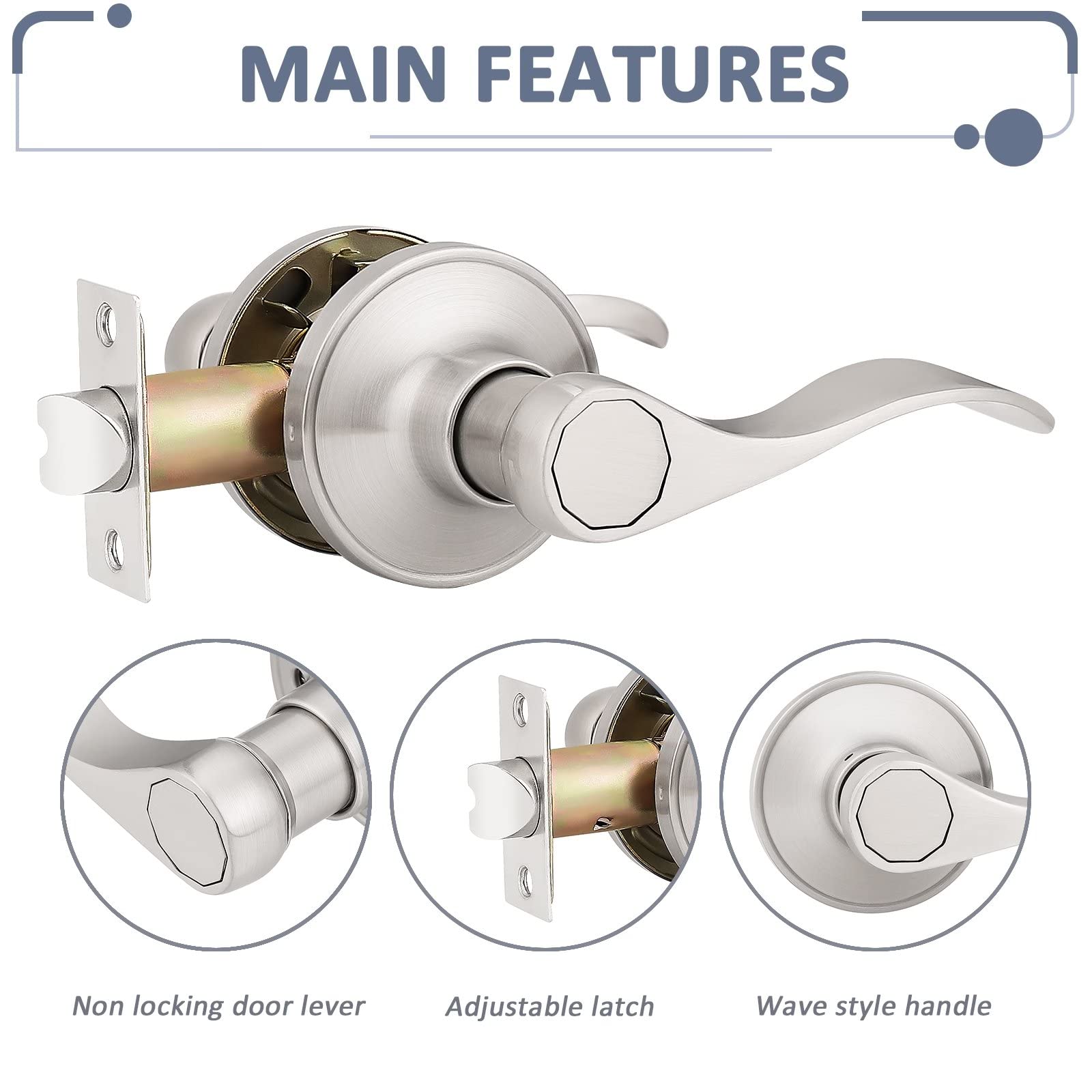 Probrico (1 Pack) Passage Door Lever [Non-Locking Lever Set], Non-Locking Door Handle Set for Hallway or Closets, Keyless Satin Nickel Finish Wave Door Lock, Reversible Right & Left Side Handed