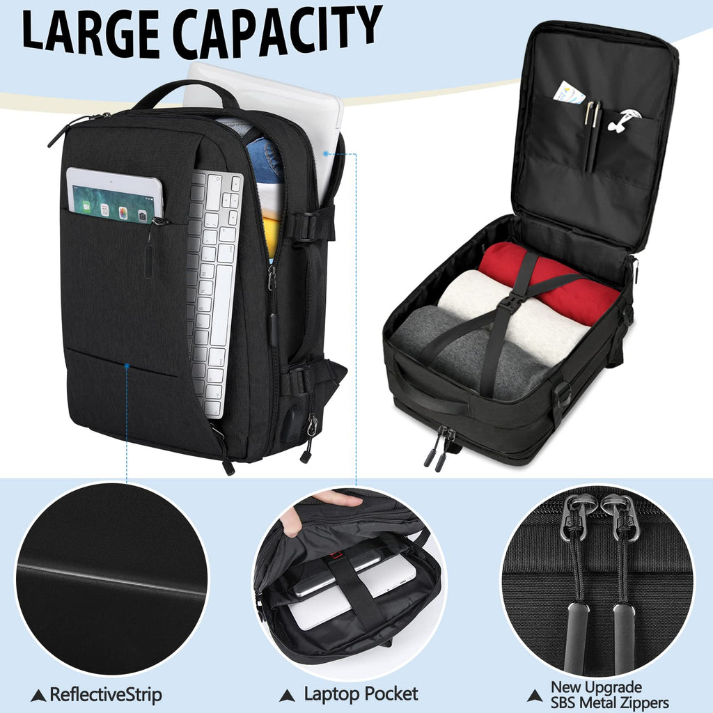 Travel Backpack 15.6 inch Flight Approved Carry On Luggage Backpack Expandable Laptop Backpack for Men Women Business Overnight Weekender College Backpack with USB Charging Port, Black