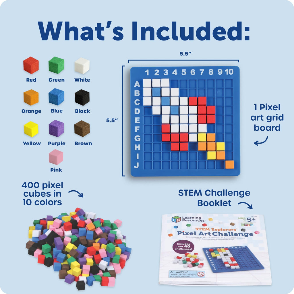 Learning Resources STEM Explorers Pixel Art Challenge - Math Puzzles, Pattern Blocks, Sensory Bin, Arts and Crafts, Math Manipulatives, Building Toys, Montessori