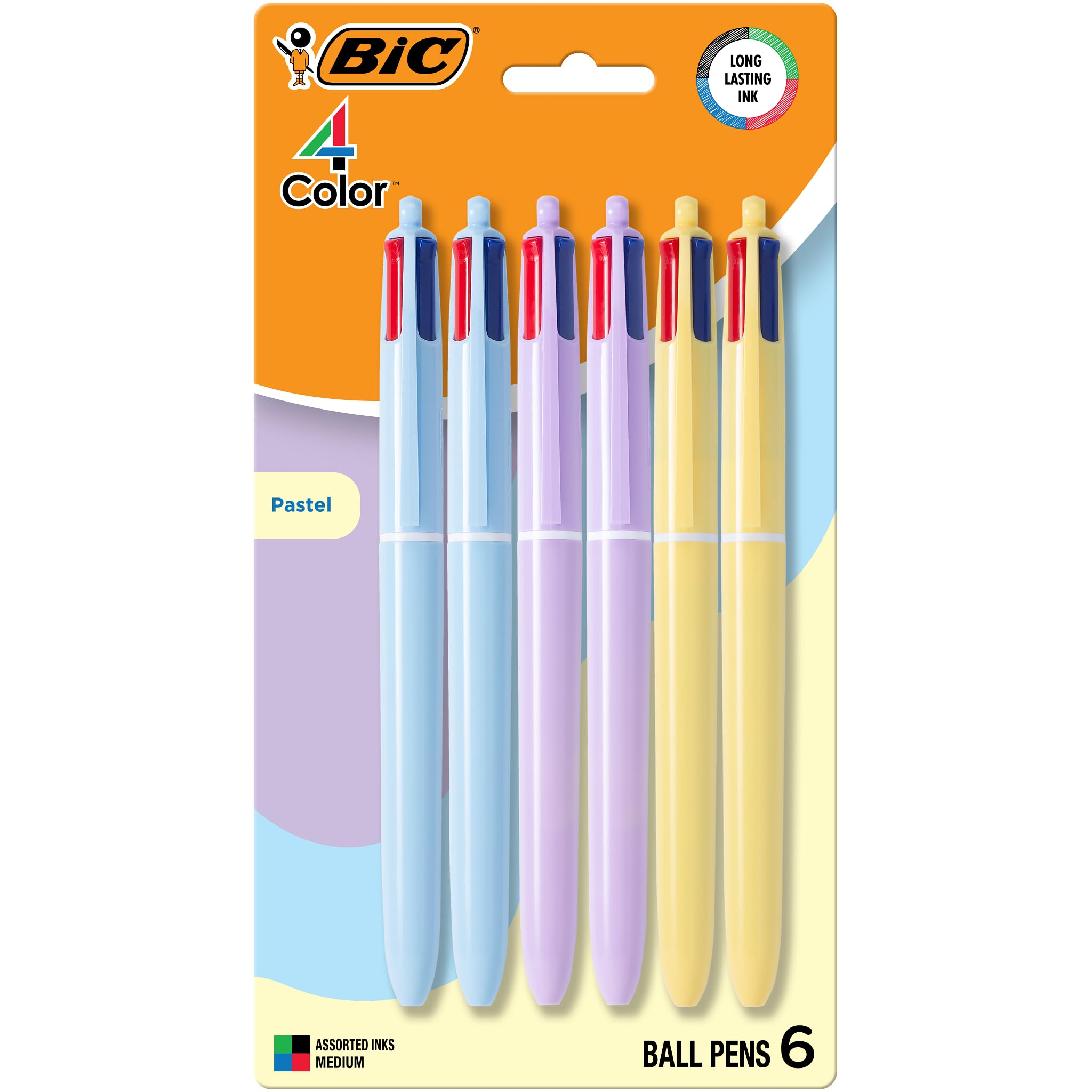 BIC 4-Color Pastel Barrel Multicolor Ballpoint Pens, Long-Lasting Ink and 1.0 mm Medium Point, 6-Count Pack in Black, Blue, Red and Green Ink