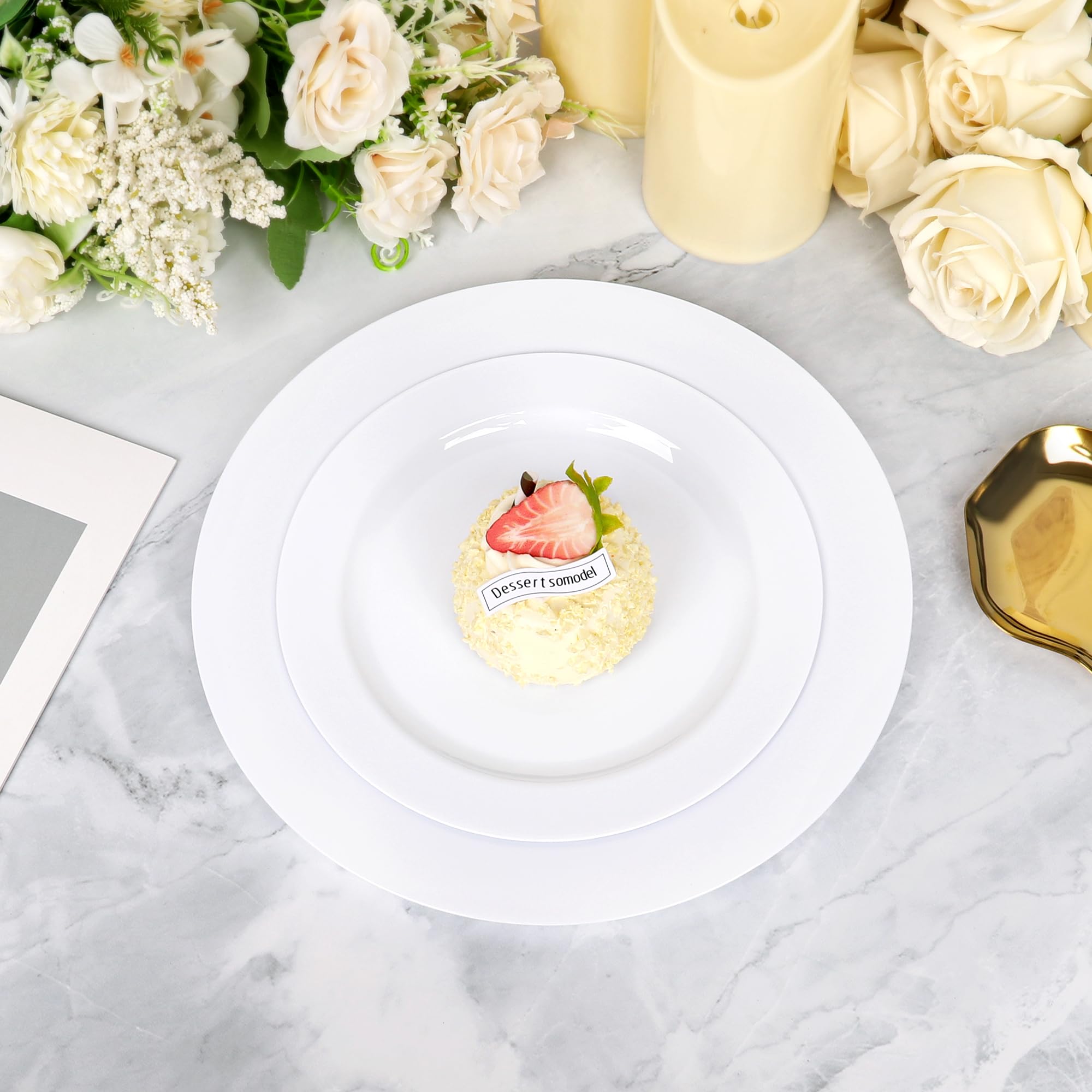 100 Pieces White Plastic Plates, Disposable Party Plates, 50 Heavy Duty White Dinner 10 Inch Plates and 50 Disposable Dessert Appetizer Elegant Fancy Wedding 7.5 Inch Plates