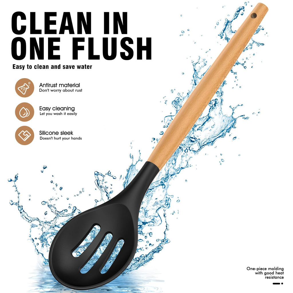 Silicone Cooking Utensils Set - Silicone Kitchen Utensils for Cooking Wooden Handles, 446°F Heat Resistant Kitchen Utensil Spatula Sets w Holder, Gadgets for Non-Stick Cookware BPA Free (Black)