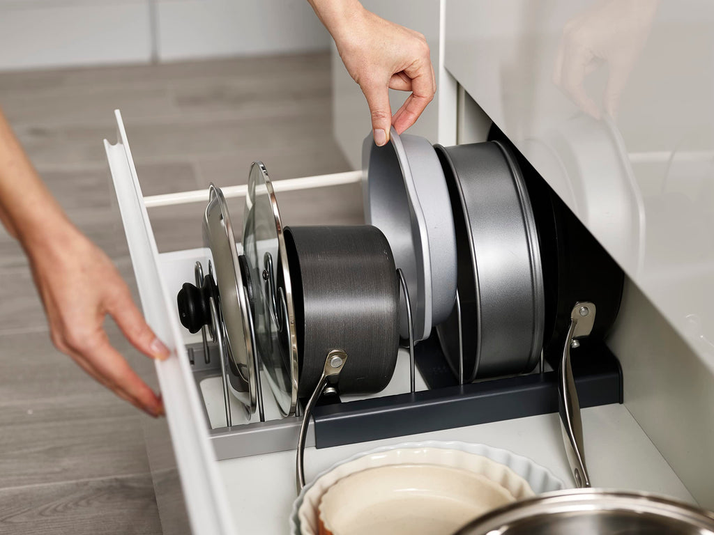 Joseph Joseph DrawerStore Expanding Kitchen Cookware Organizer, Space Saving Drawer Storage for pan lids, Baking Trays - Grey