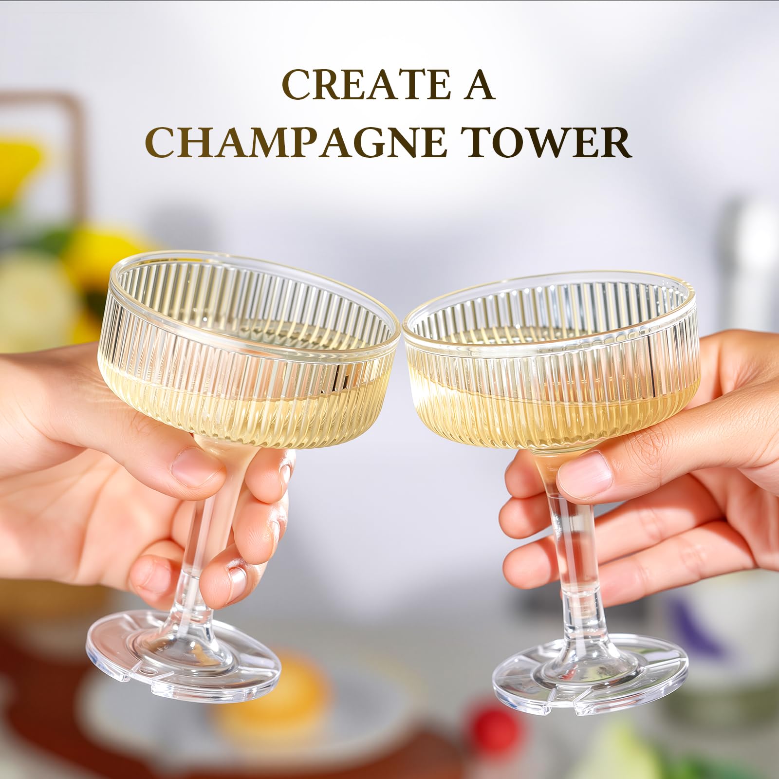 Goodluck Champagne Tower 4-Tier, 7oz Set of 20 Clear Champagne Flutes Plastic,Butterfly Shape with Vertical Stripes for Weddings, Celebrations, Parties & Birthdays