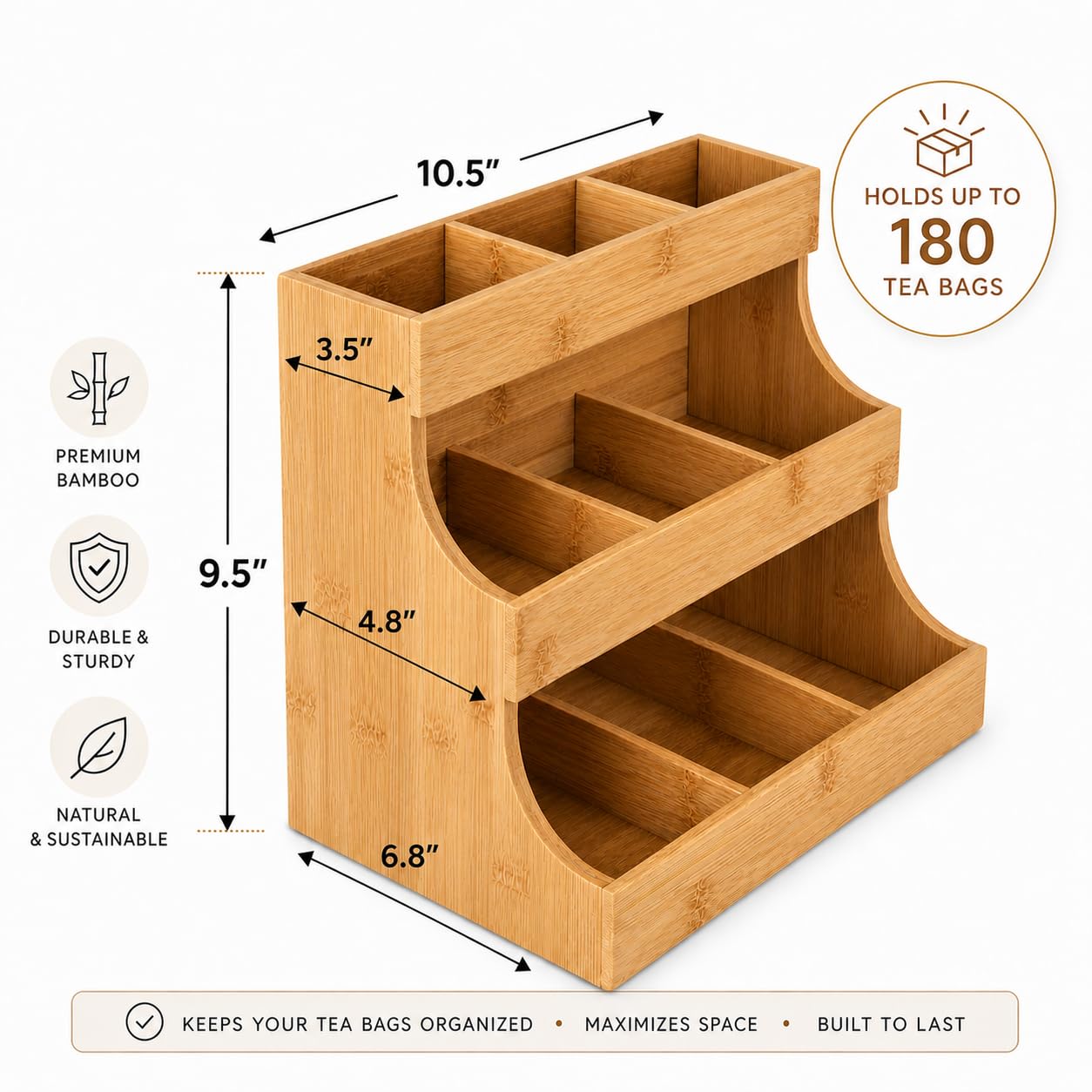 THEODORE Vertical Bamboo Tea Bag Organizer - Holds 180 Bags - Elegant Wooden Storage Box for Home, Office, Café - Also Holds Sugar Packets and Creamers